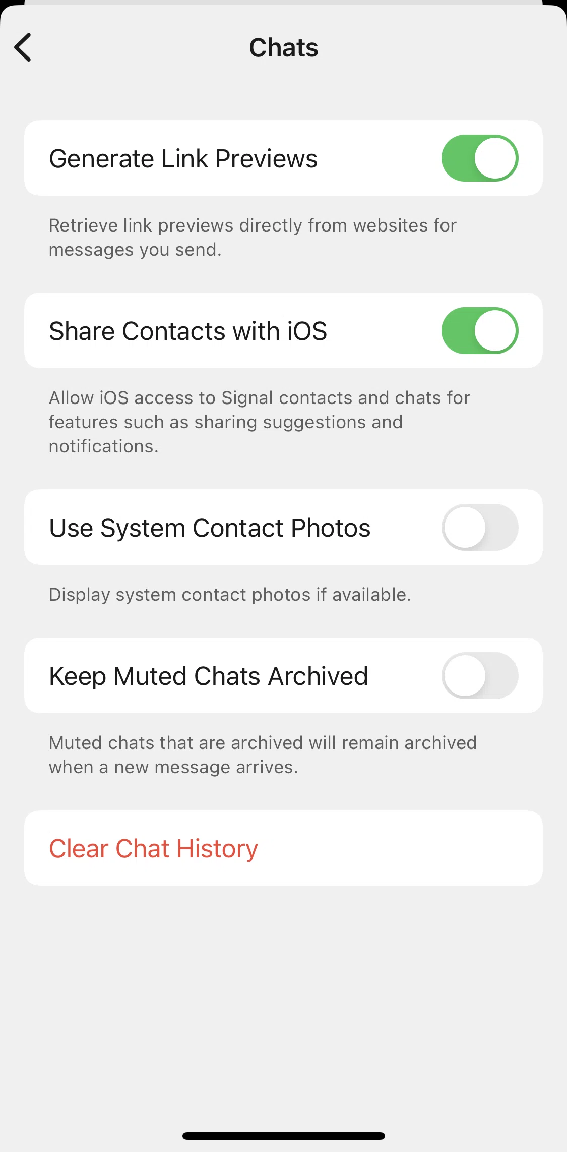 Signal Screen screen in the Clearing chat history flow