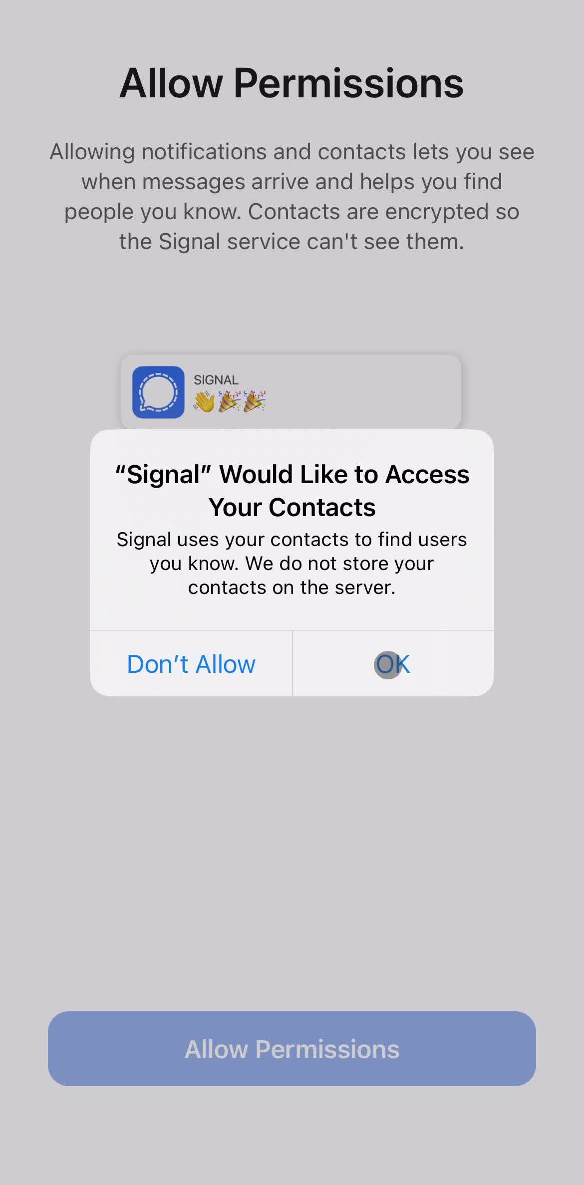 Signal Enable contact access screen in the Onboarding flow