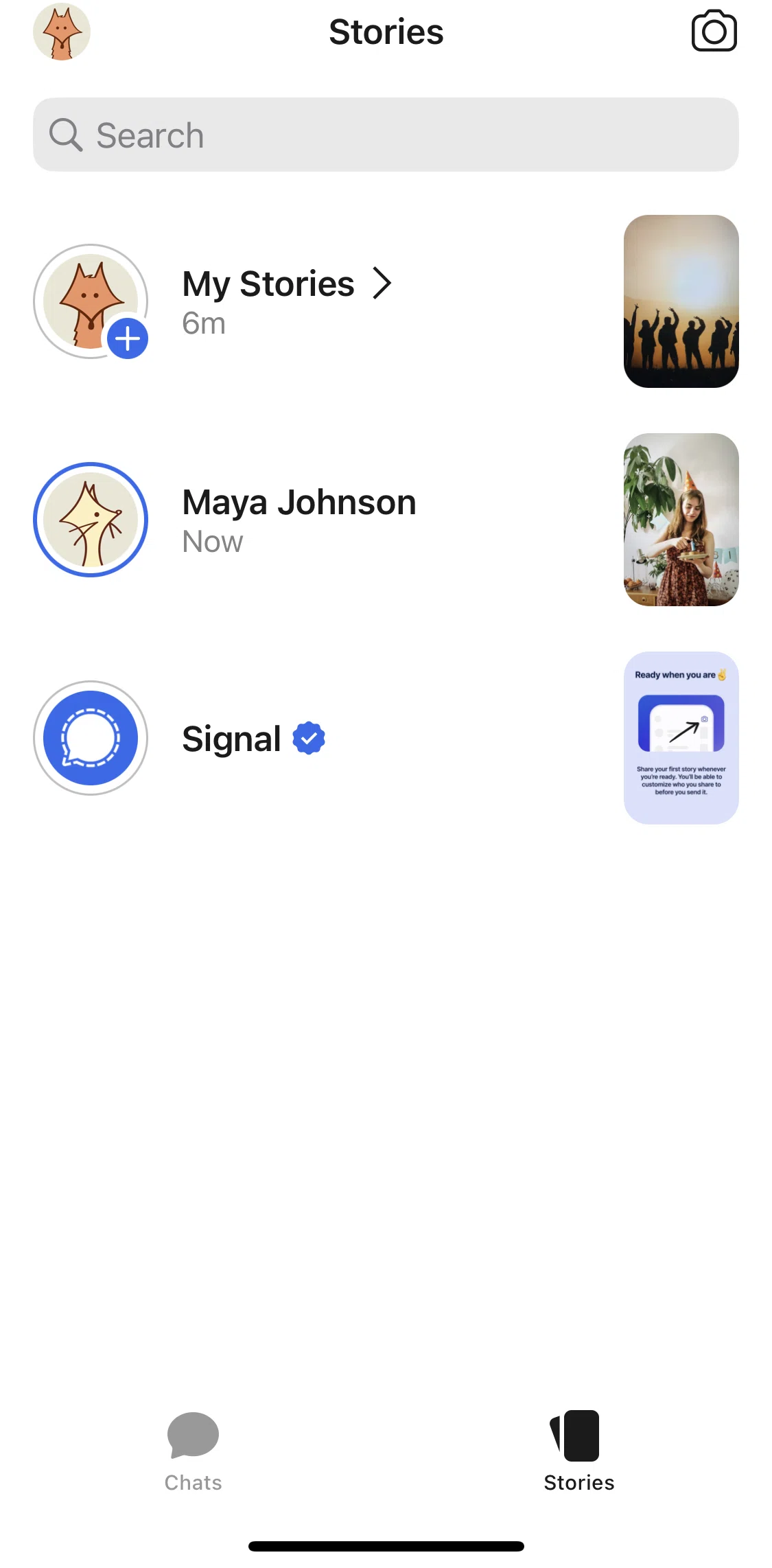 Signal Screen screen in the Viewing and replying to a story flow