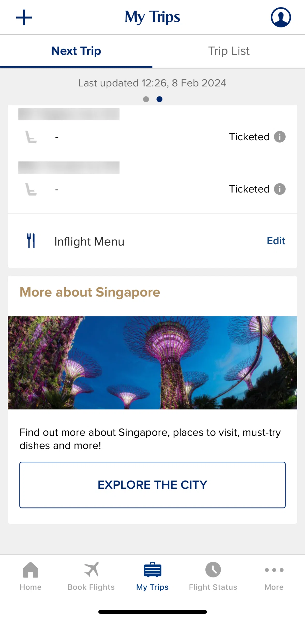 Singapore Airlines Screen screen in the Explore a city flow