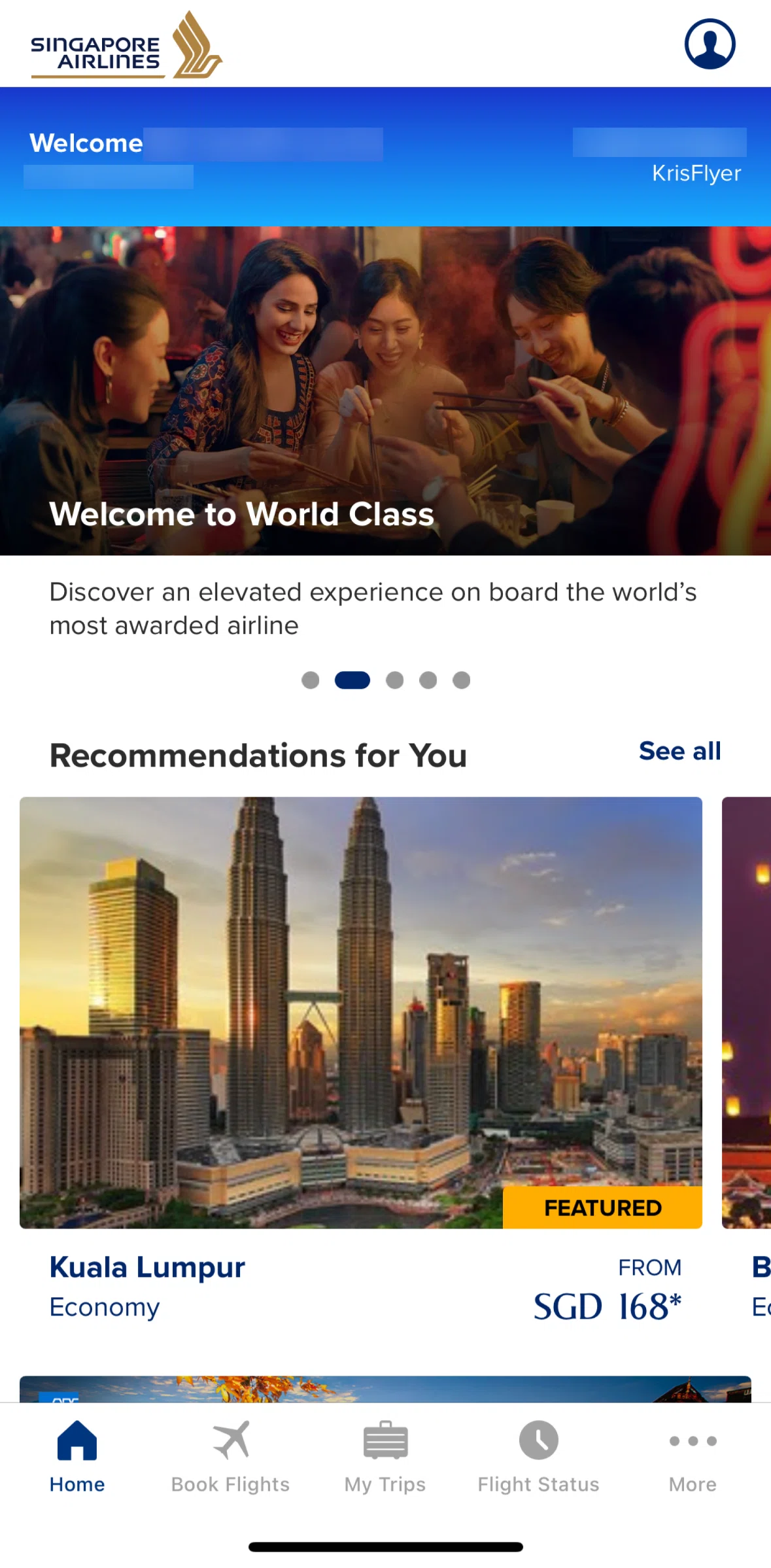 Singapore Airlines Screen screen in the Flight Status flow