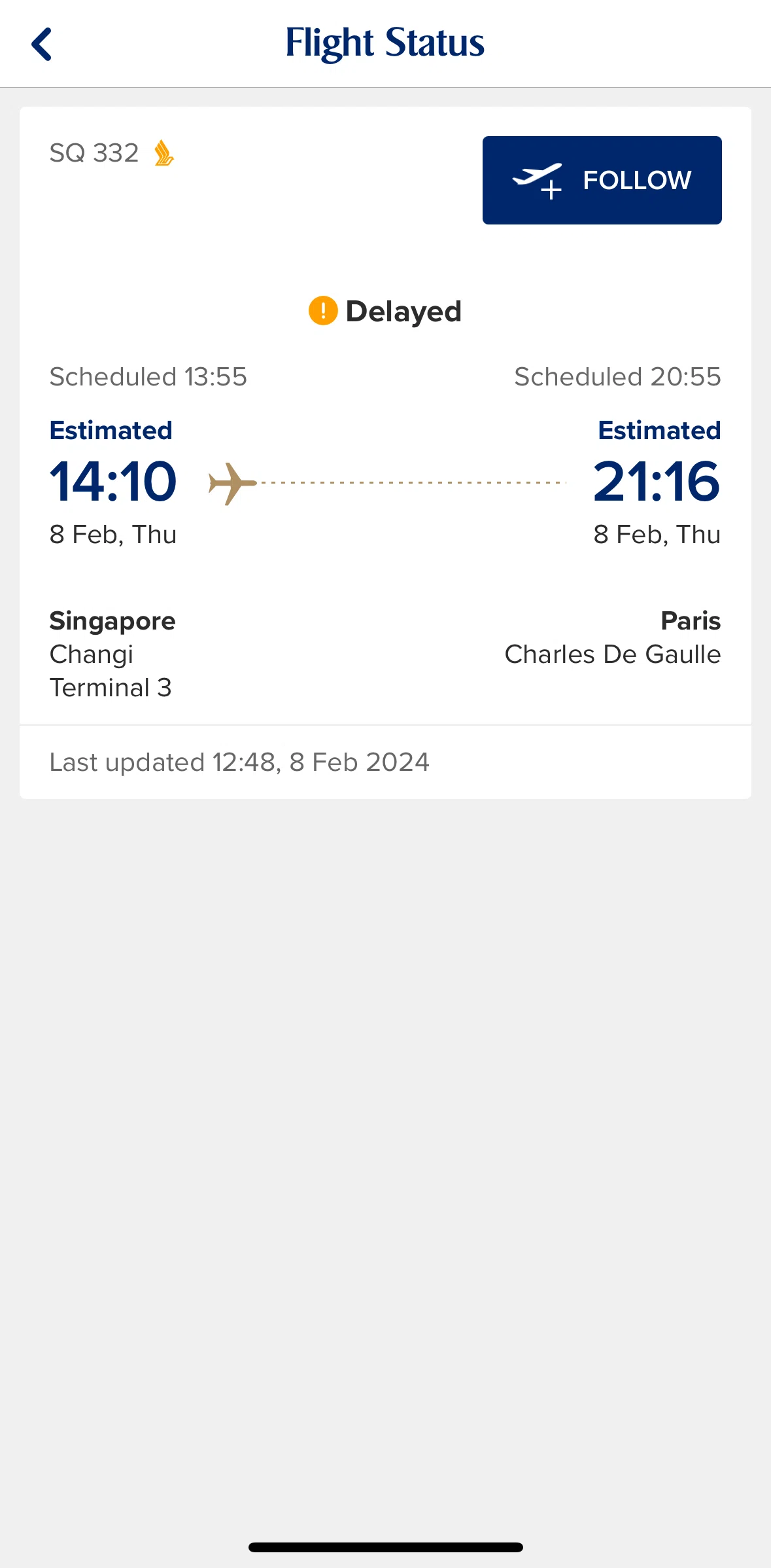 Singapore Airlines Screen screen in the Following a flight flow