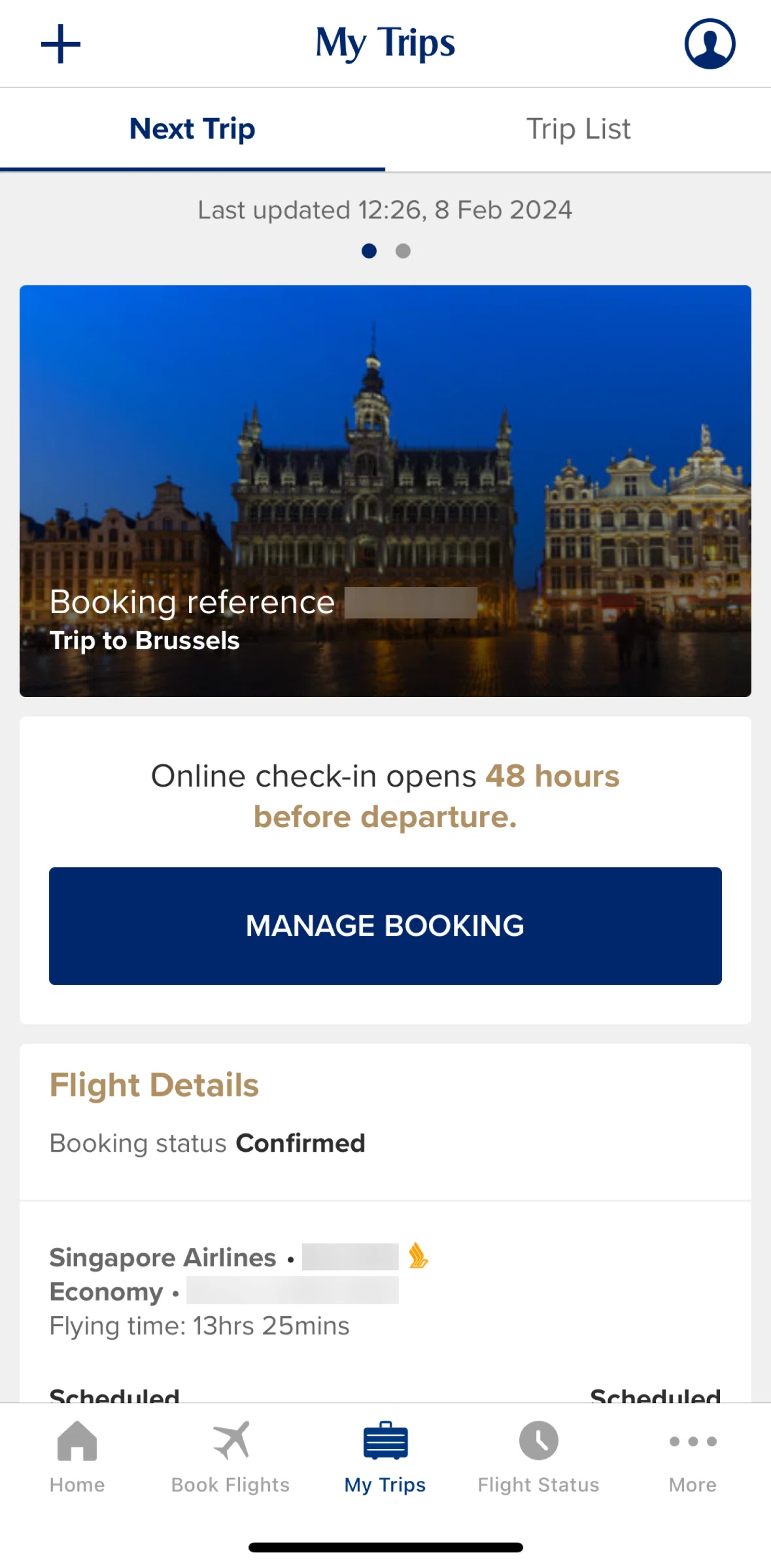 Singapore Airlines Screen screen in the Manage booking flow