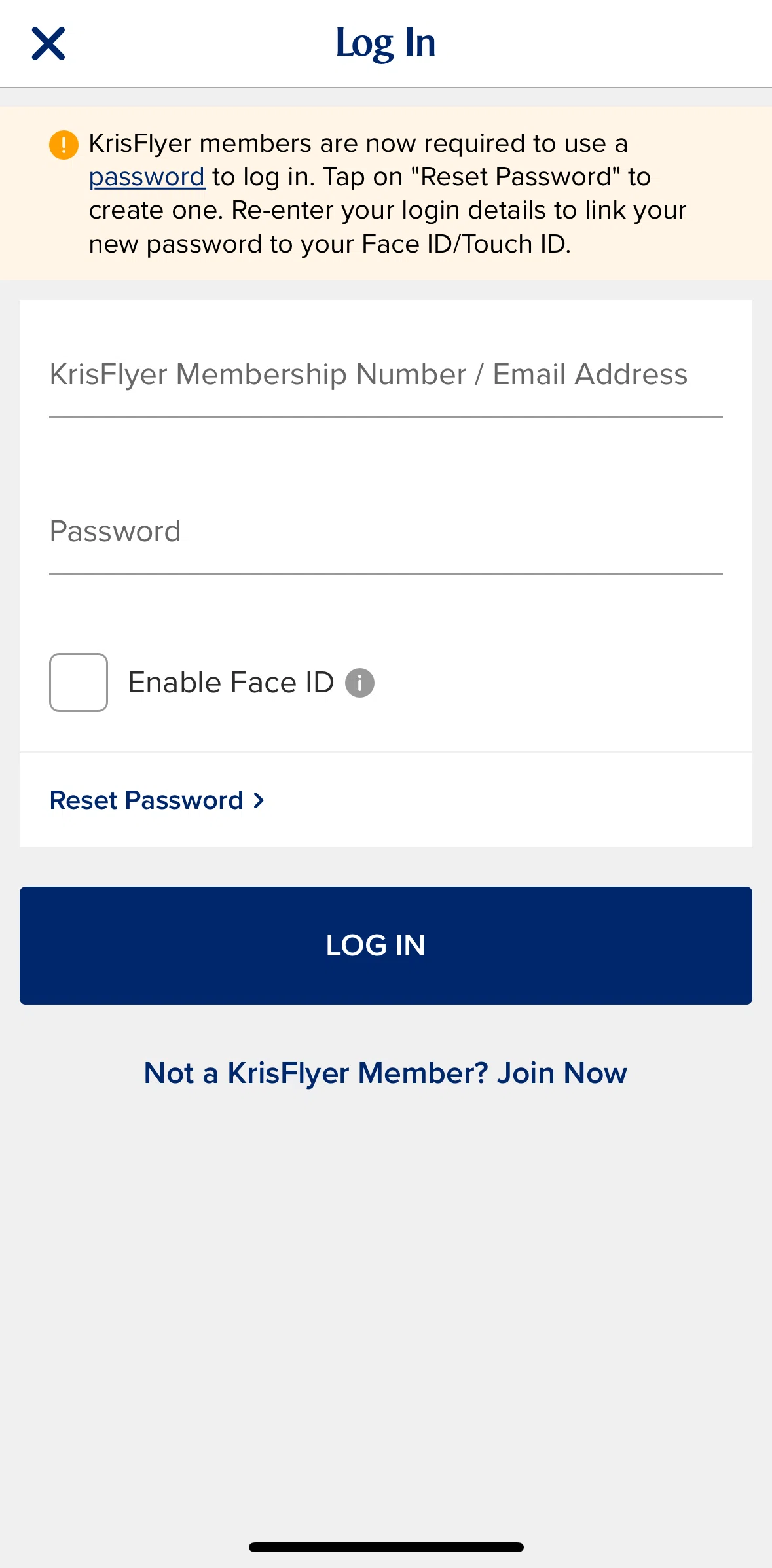 Singapore Airlines Screen screen in the Resetting password flow