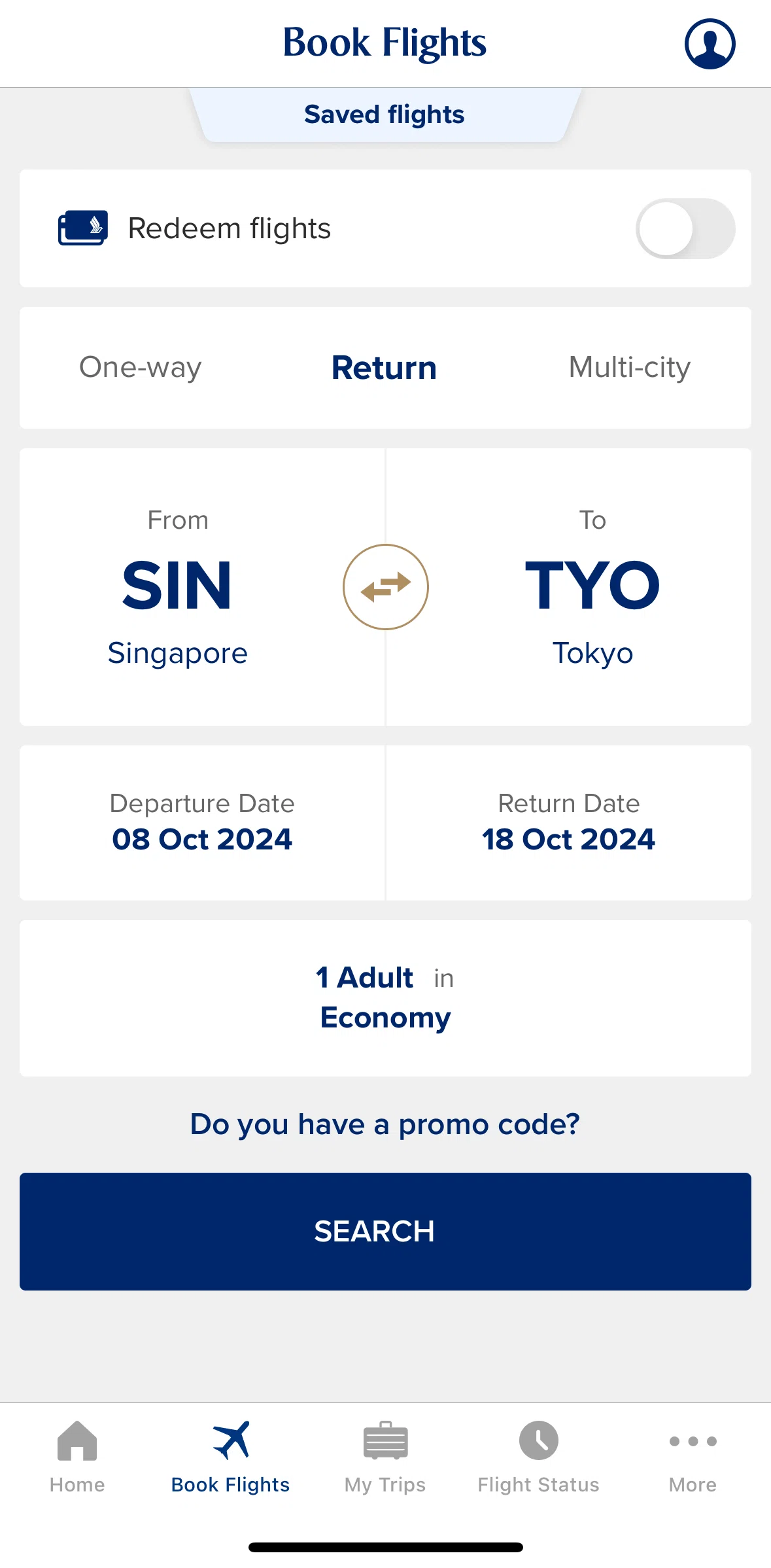 Singapore Airlines Screen screen in the Saved flights flow