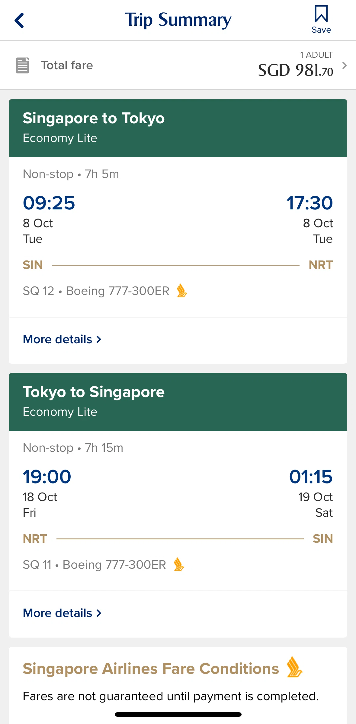 Singapore Airlines Screen screen in the Saving a flight flow