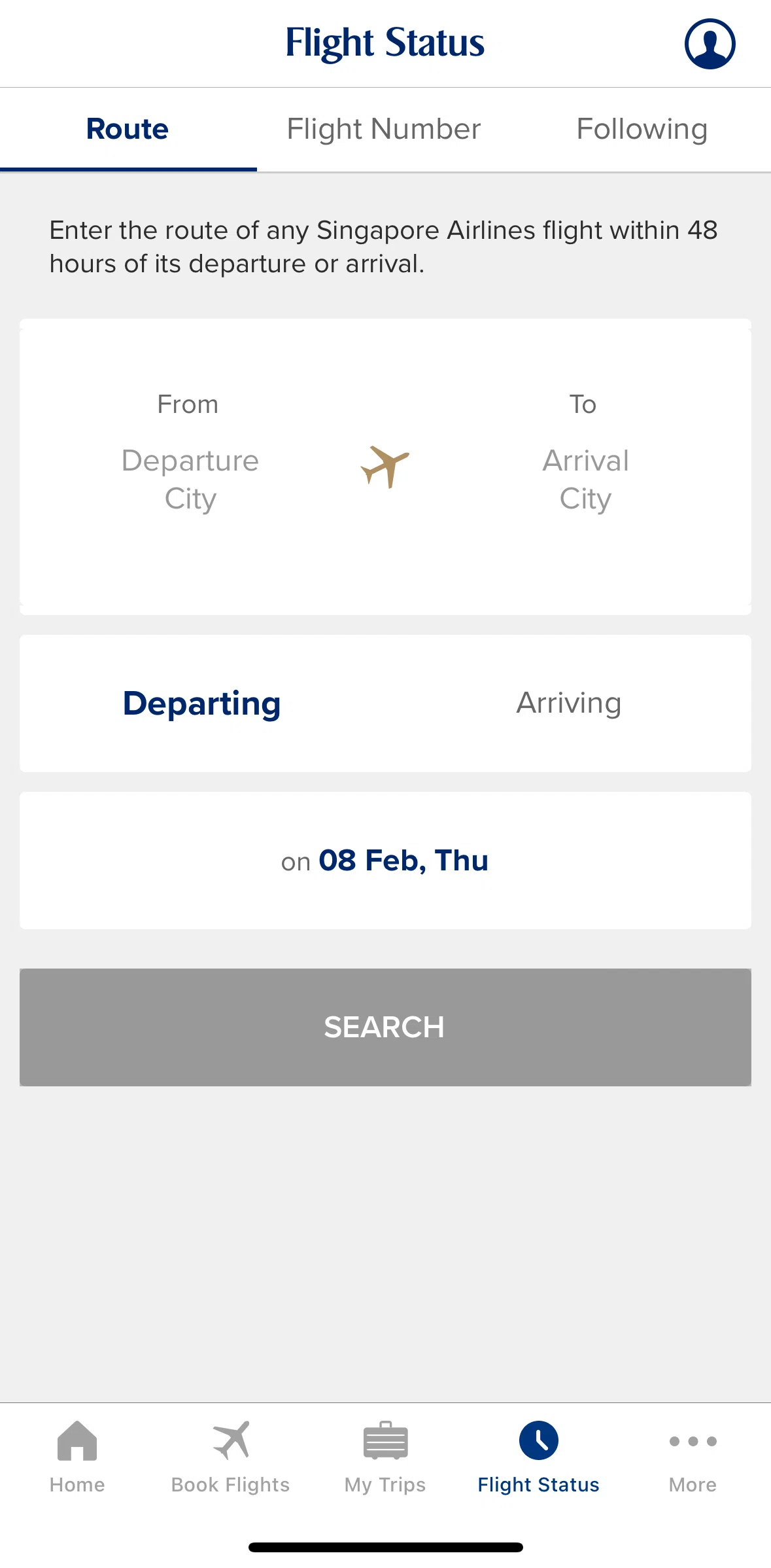 Singapore Airlines Screen screen in the Searching for a flight route flow