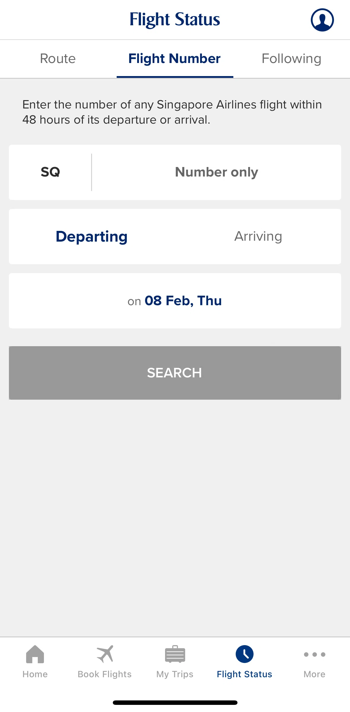 Singapore Airlines Screen screen in the Searching for flight number flow