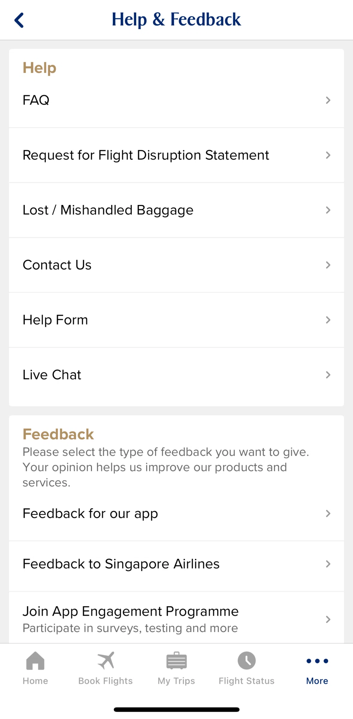 Singapore Airlines Screen screen in the Submitting app feedback flow