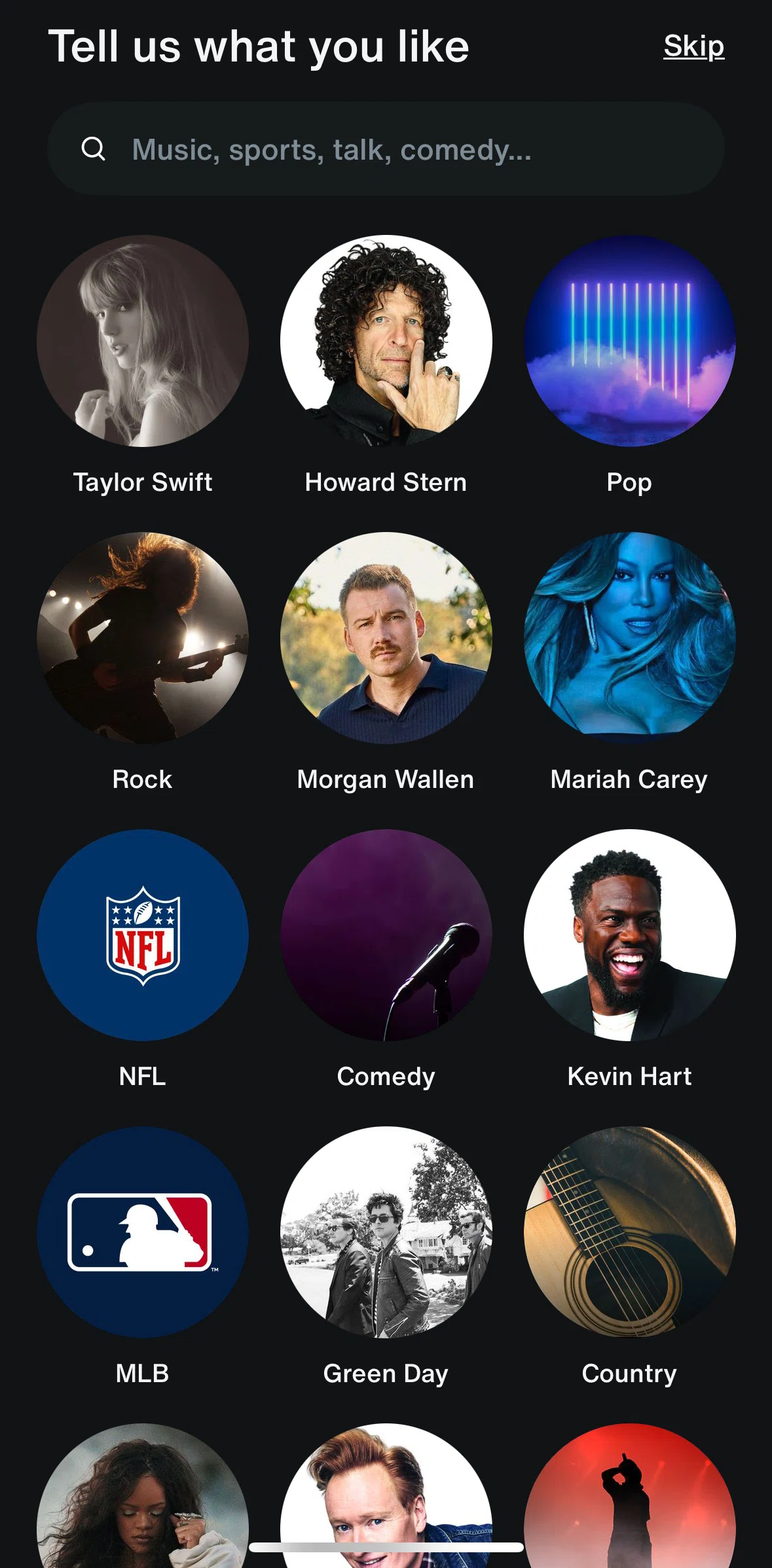 SiriusXM Screen screen in the Choosing interests flow
