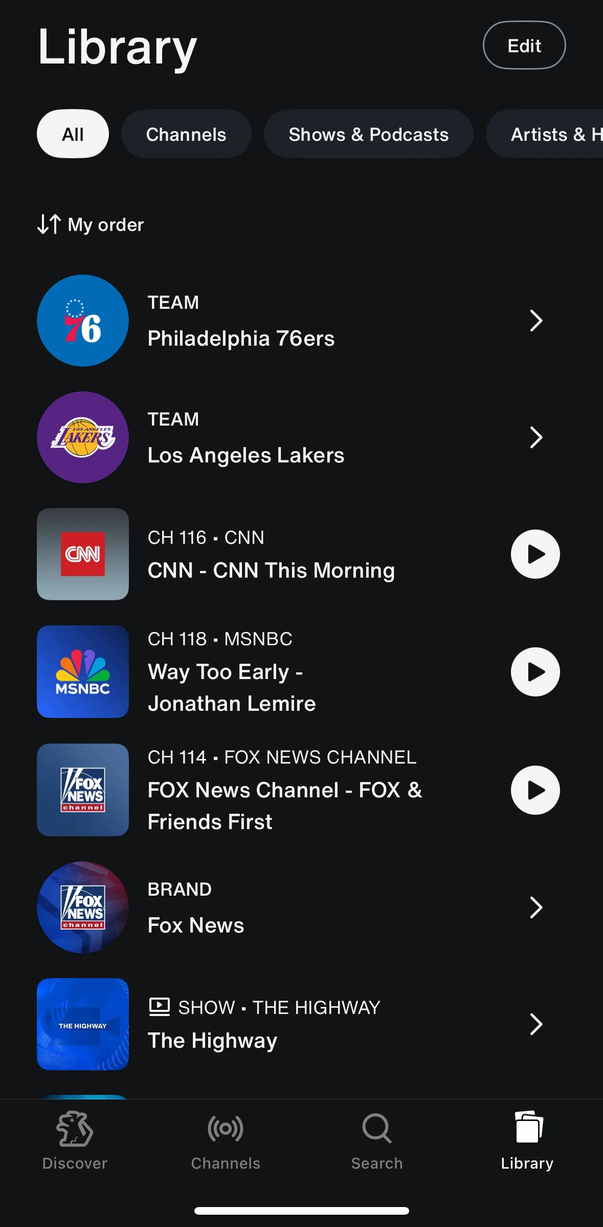SiriusXM Screen screen in the Editing library flow