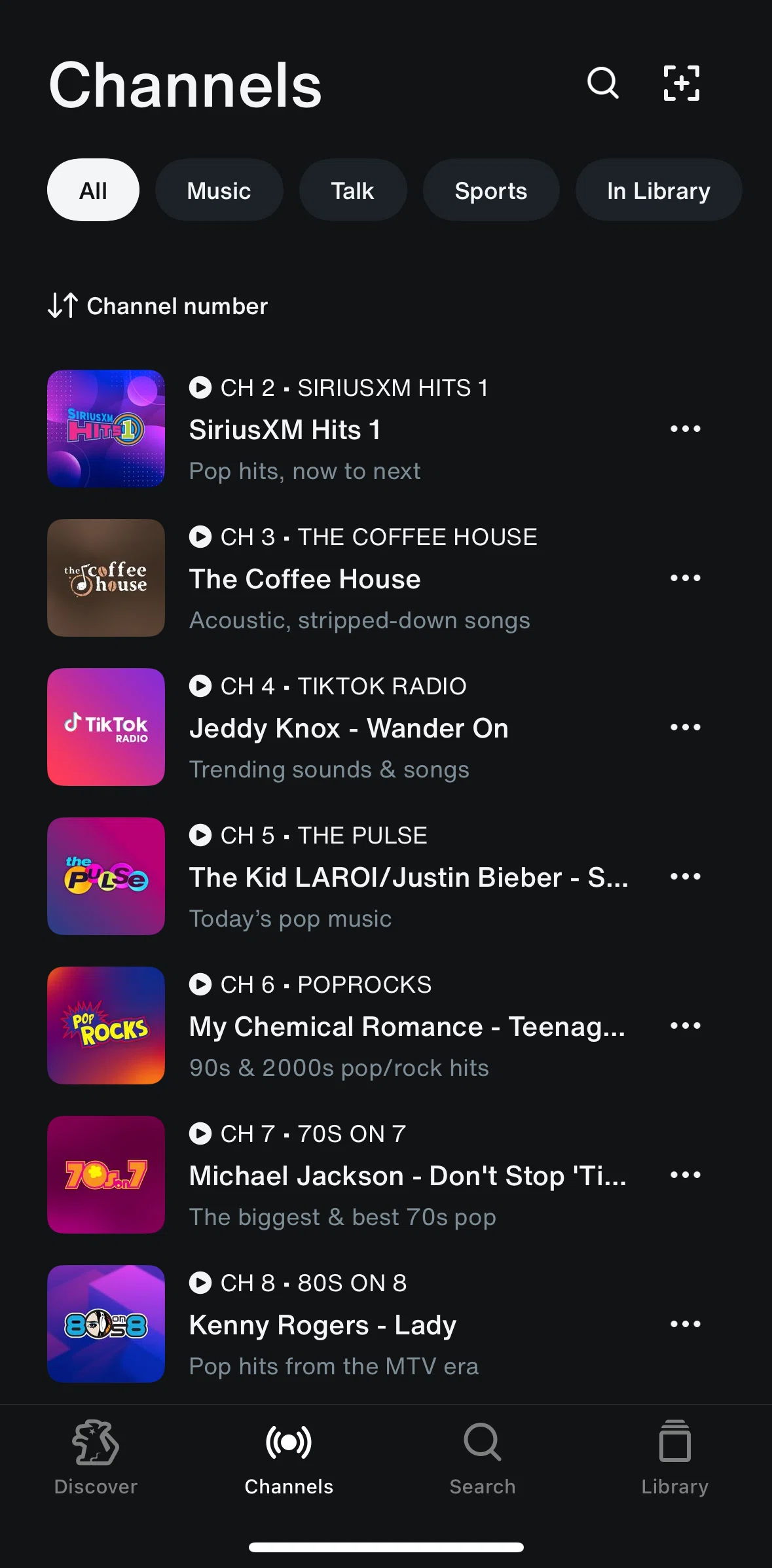 SiriusXM Screen screen in the Filtering channels flow