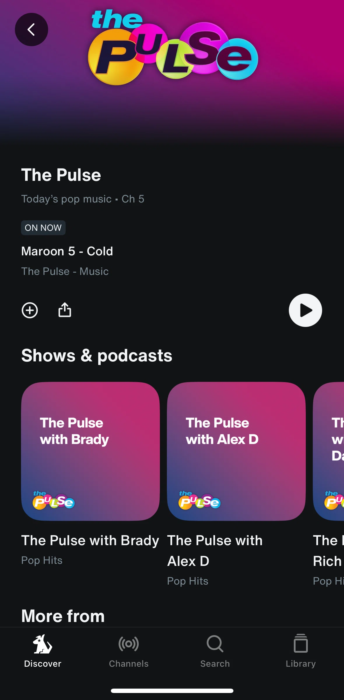 SiriusXM Screen screen in the Listening to a channel flow