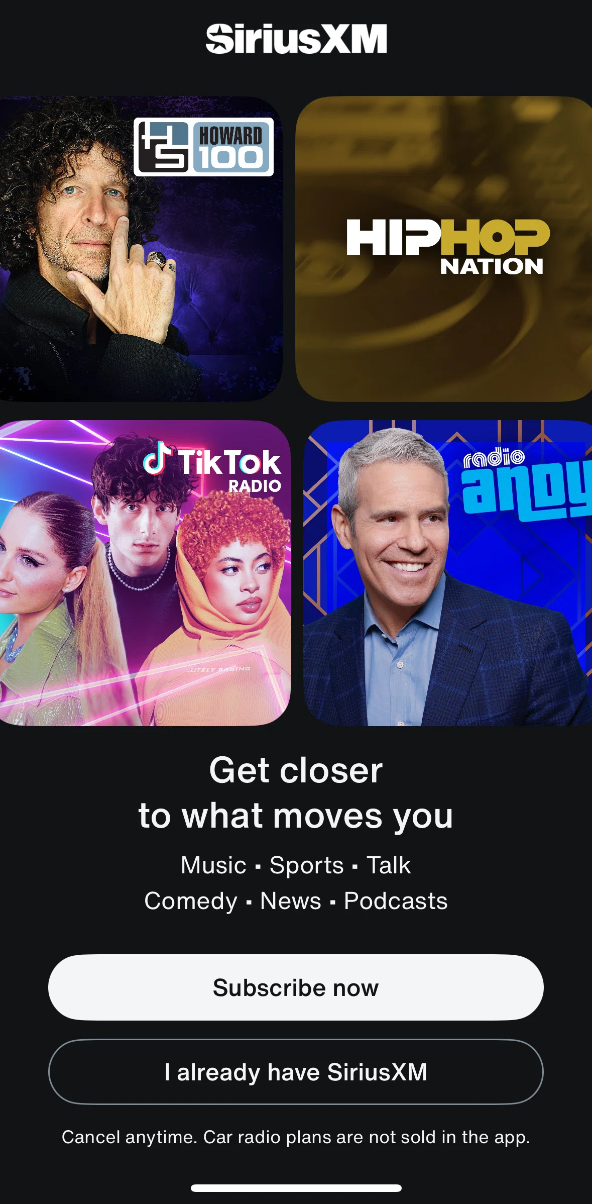 SiriusXM Screen screen in the Logging in flow