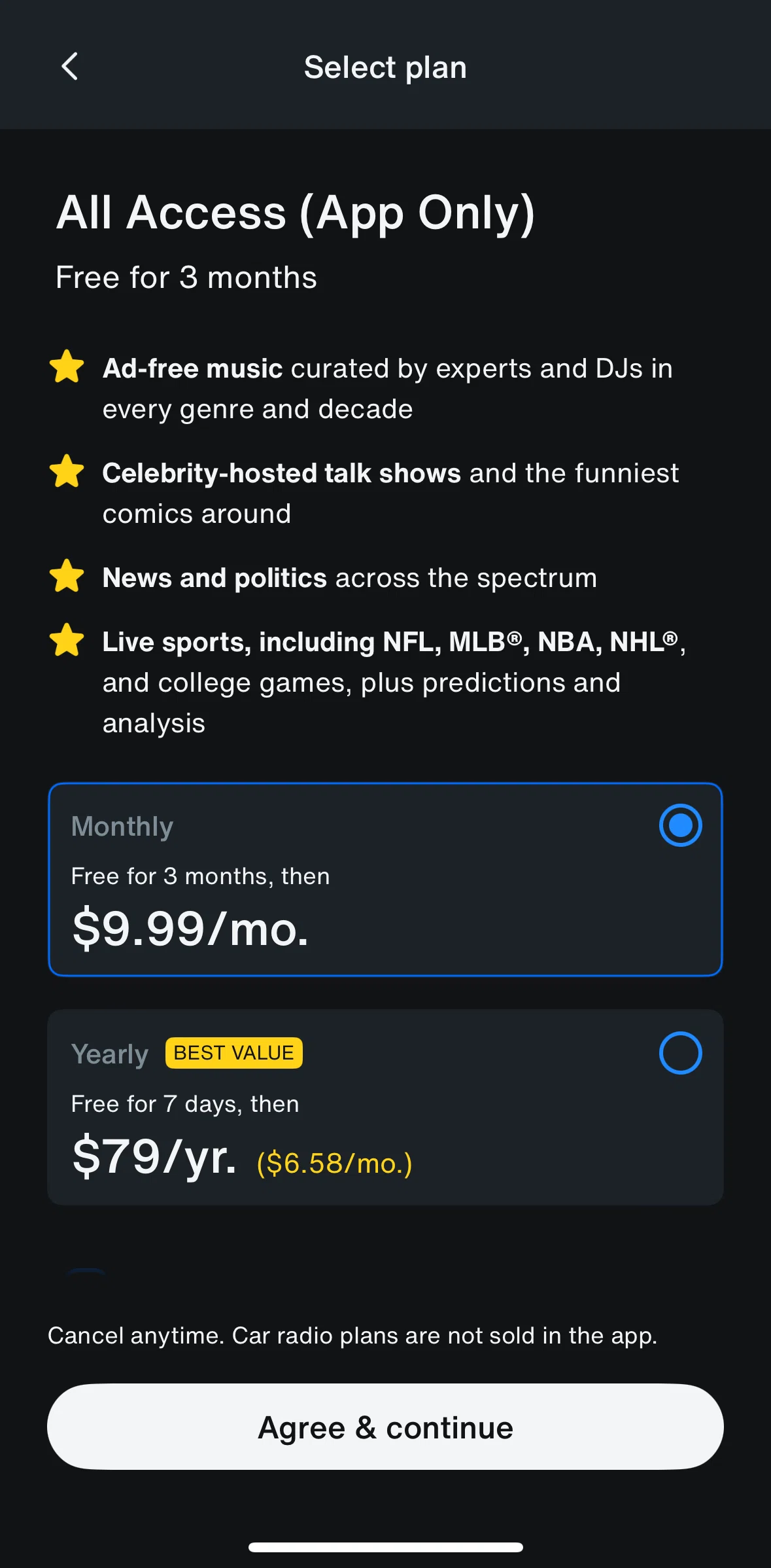 SiriusXM Screen screen in the Subscribing to SiriusXM flow