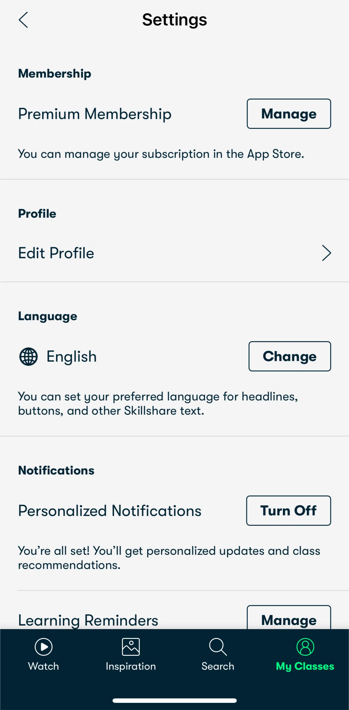 Skillshare Screen screen in the Edit profile flow