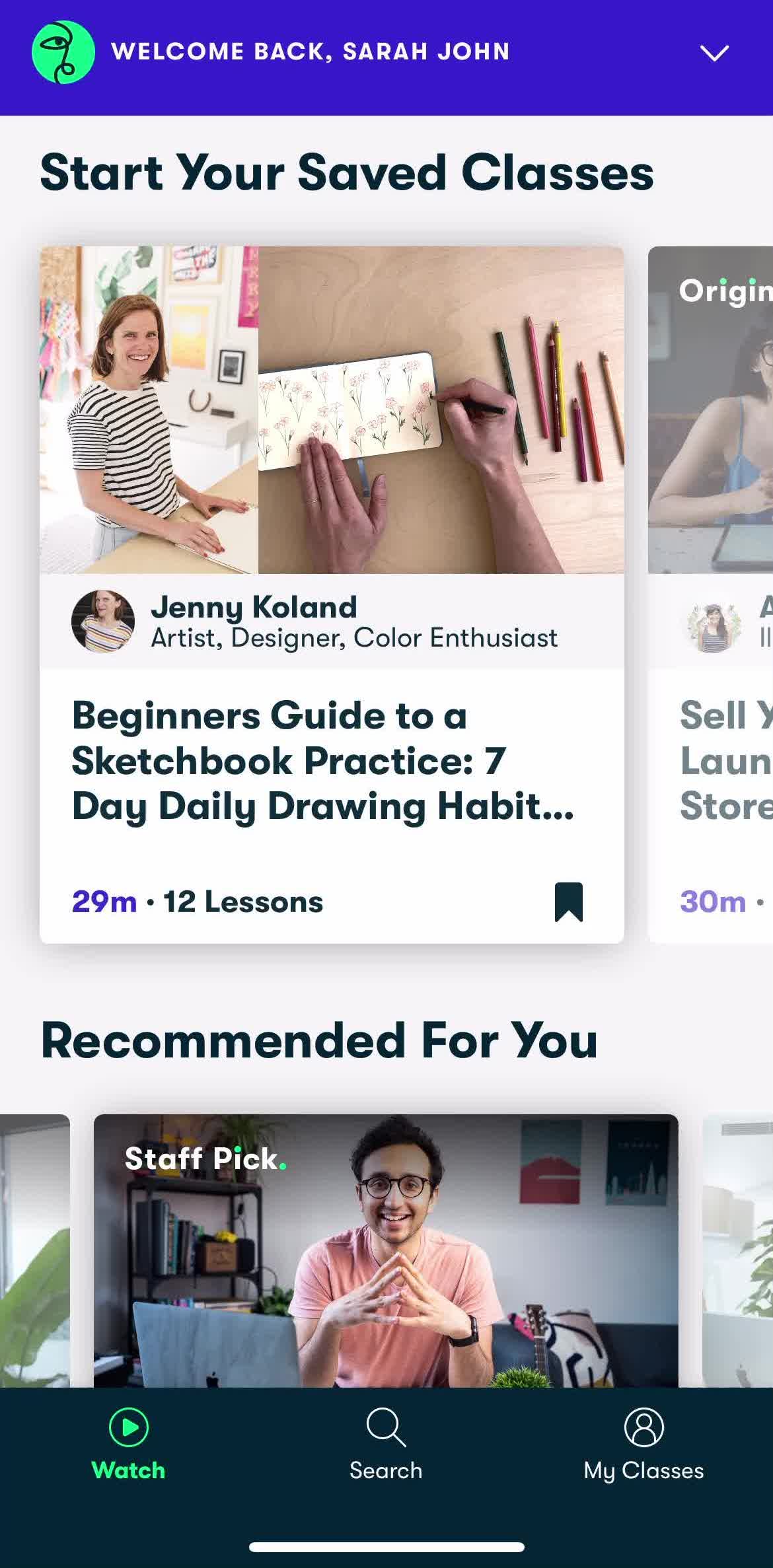 Skillshare Home screen in the Following A Teacher flow