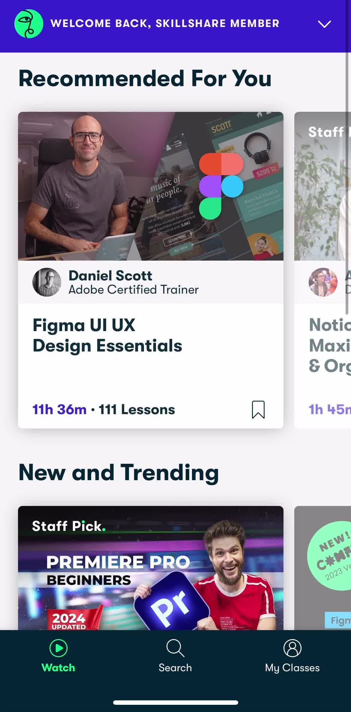 Skillshare Home screen in the Giving Feedback flow