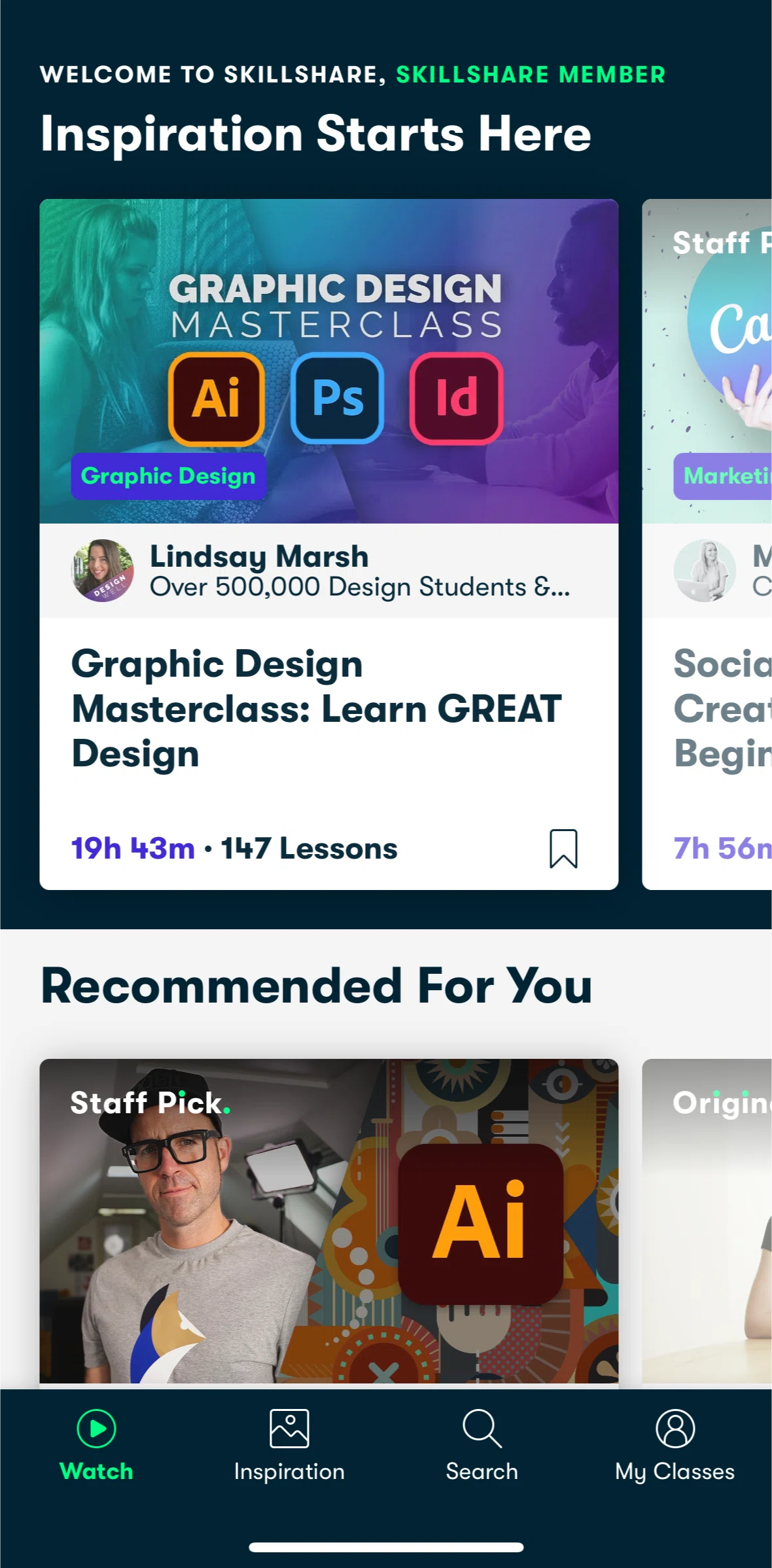 Skillshare Screen screen in the Home flow