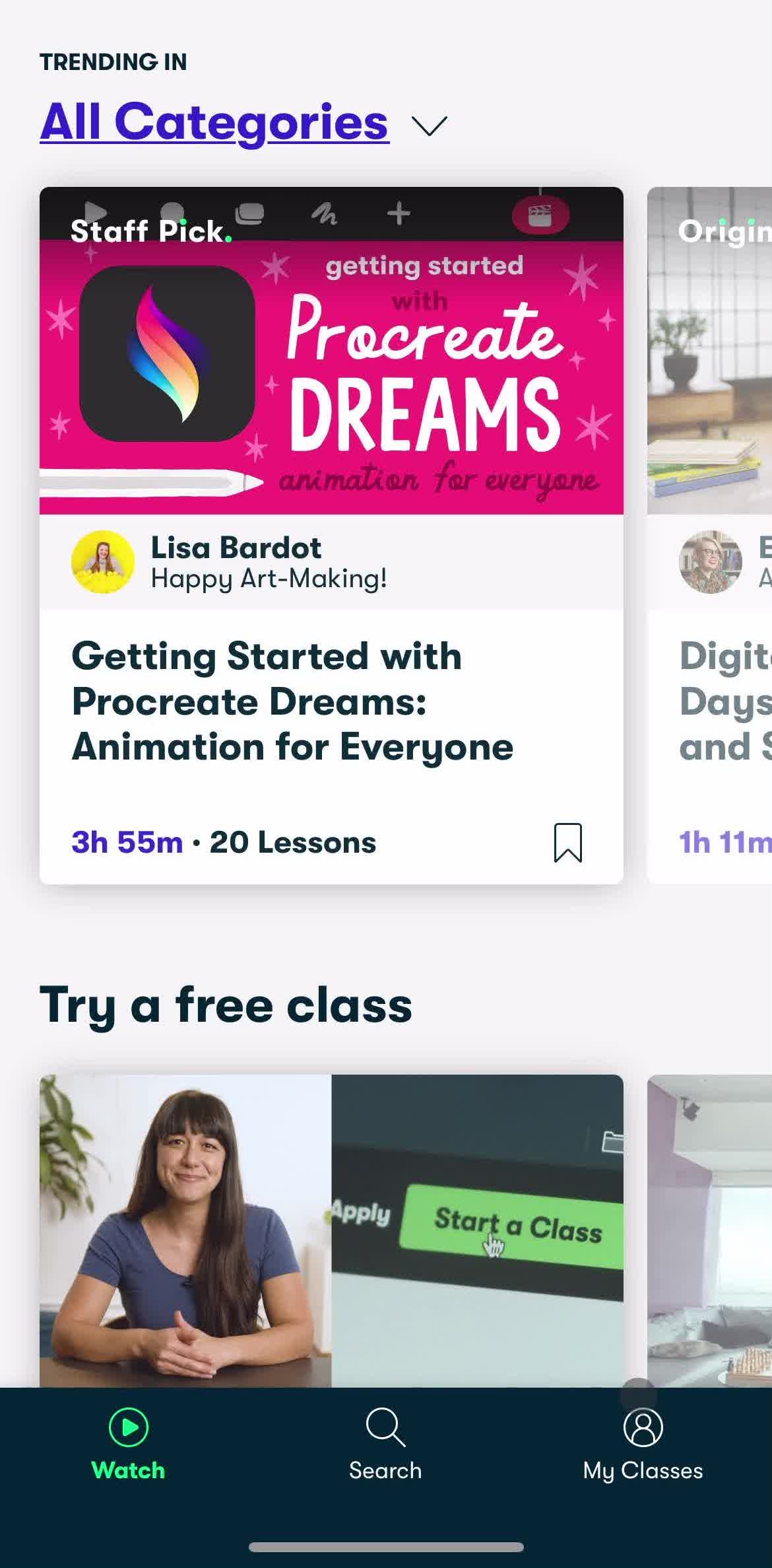 Skillshare Home screen in the Logging In flow