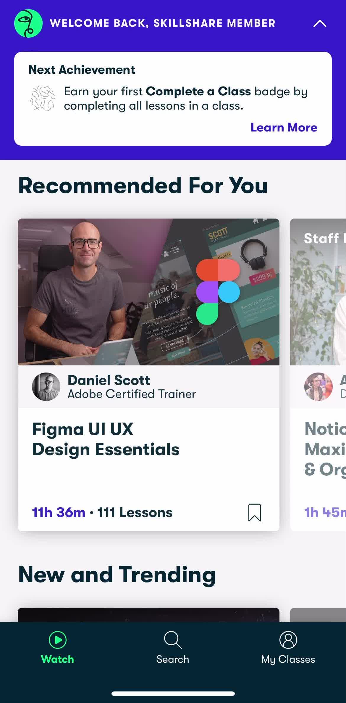 Skillshare Home screen in the Logging Out flow