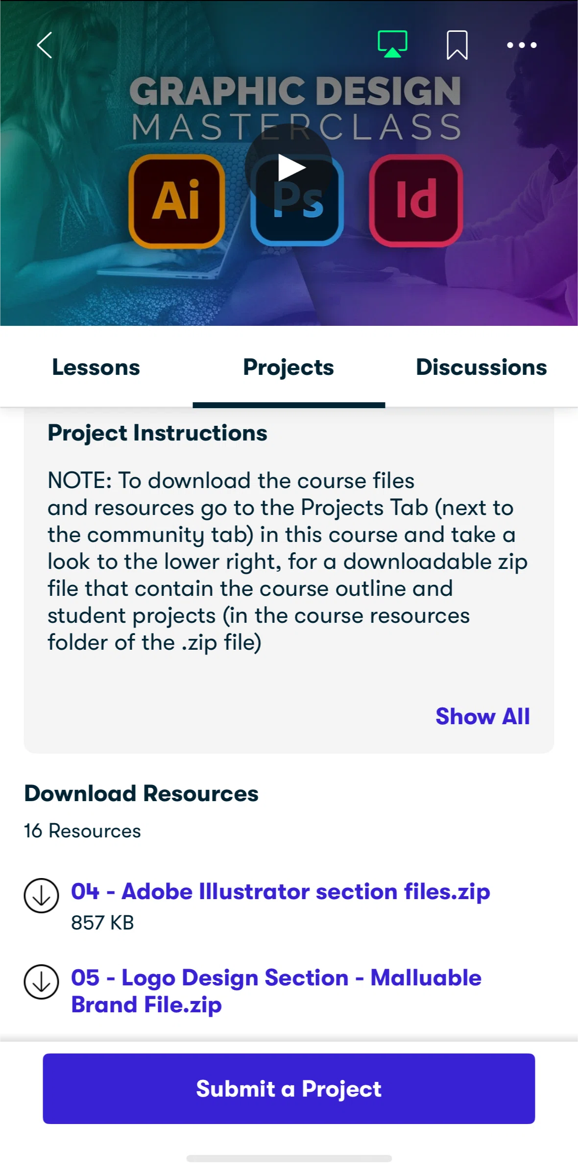 Skillshare Screen screen in the Project instructions flow