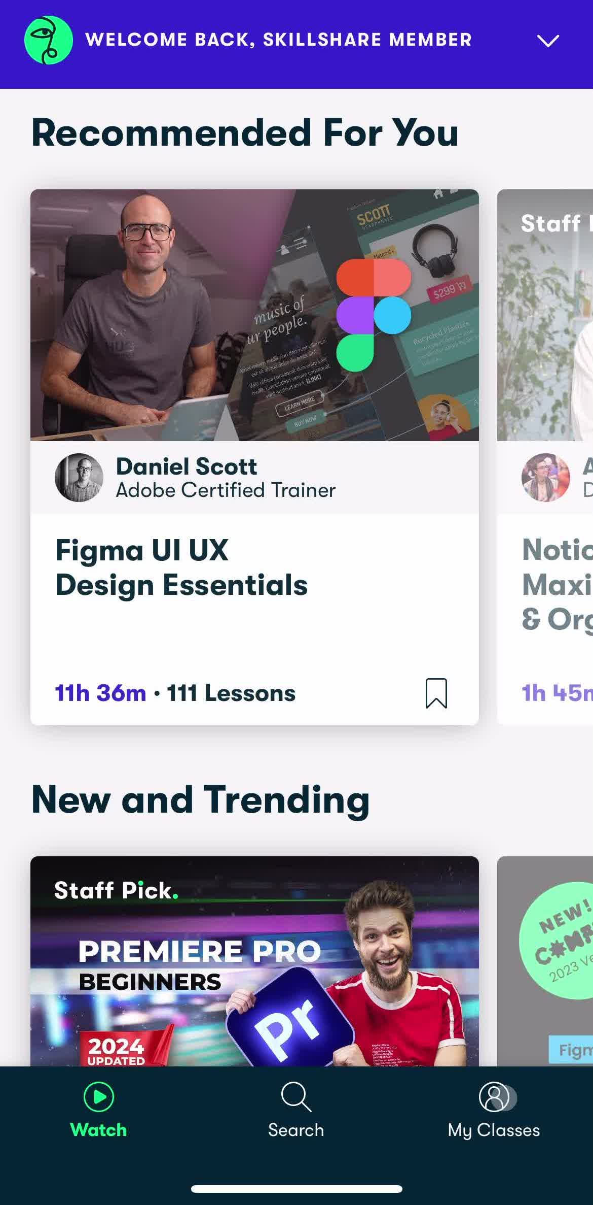 Skillshare Home screen in the Reminders flow