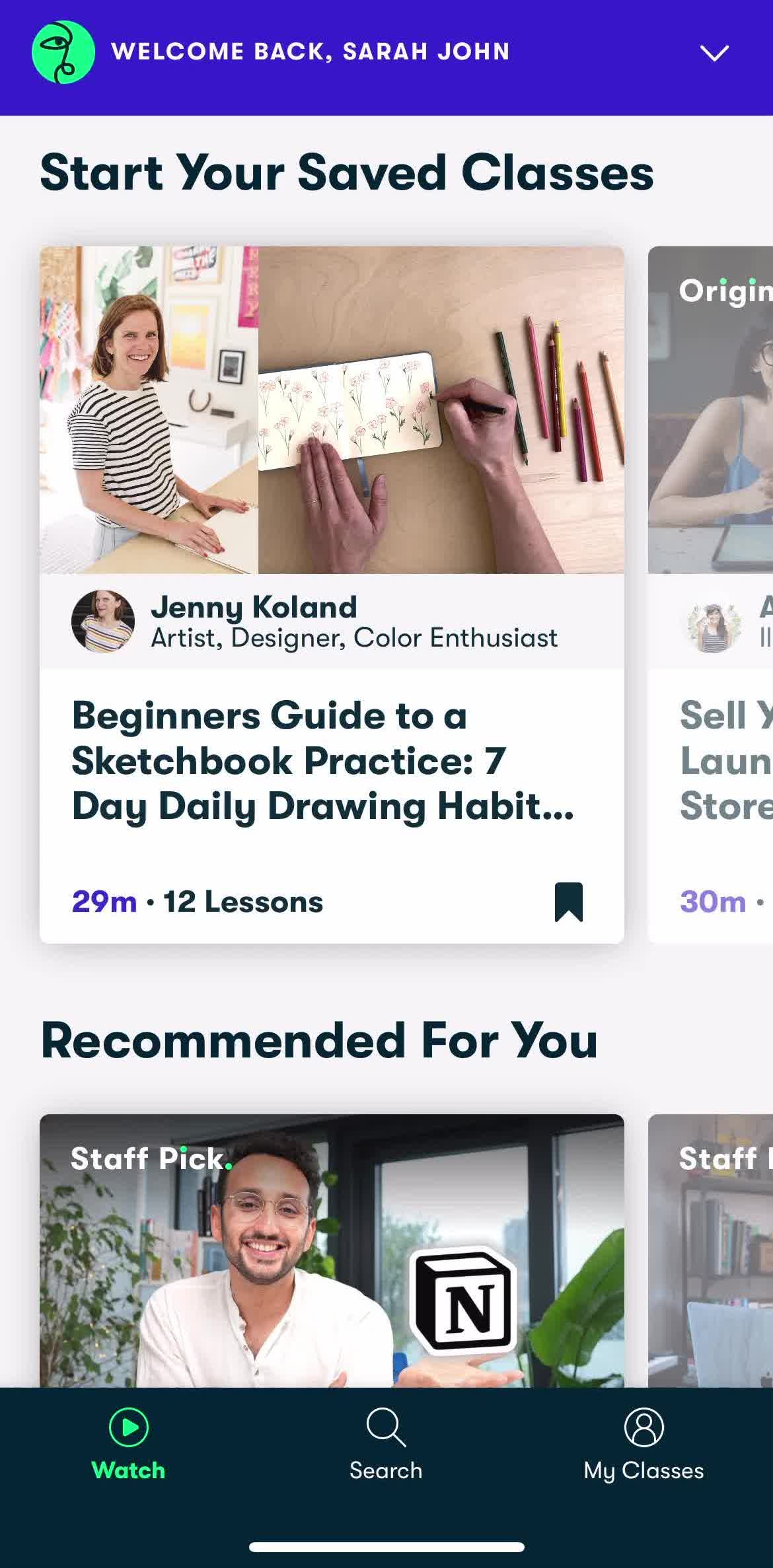 Skillshare Home screen in the Sharing flow