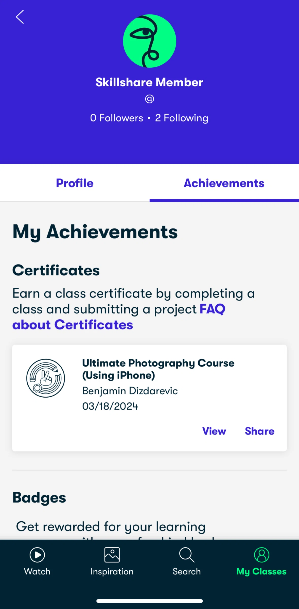 Skillshare Screen screen in the View certificate flow