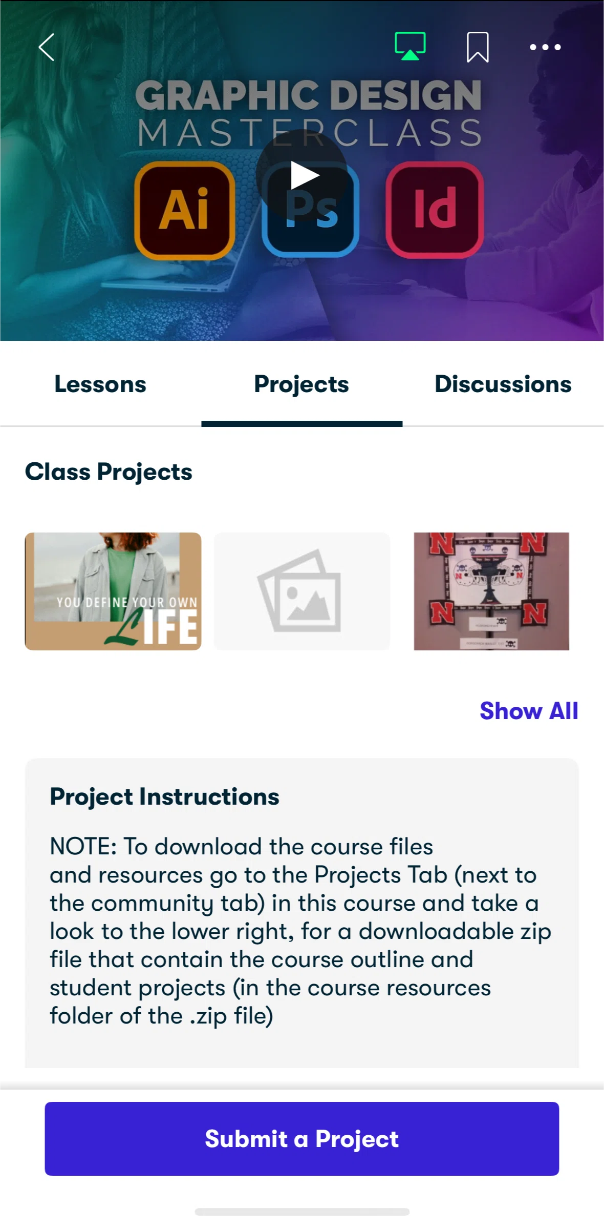 Skillshare Screen screen in the View class projects flow