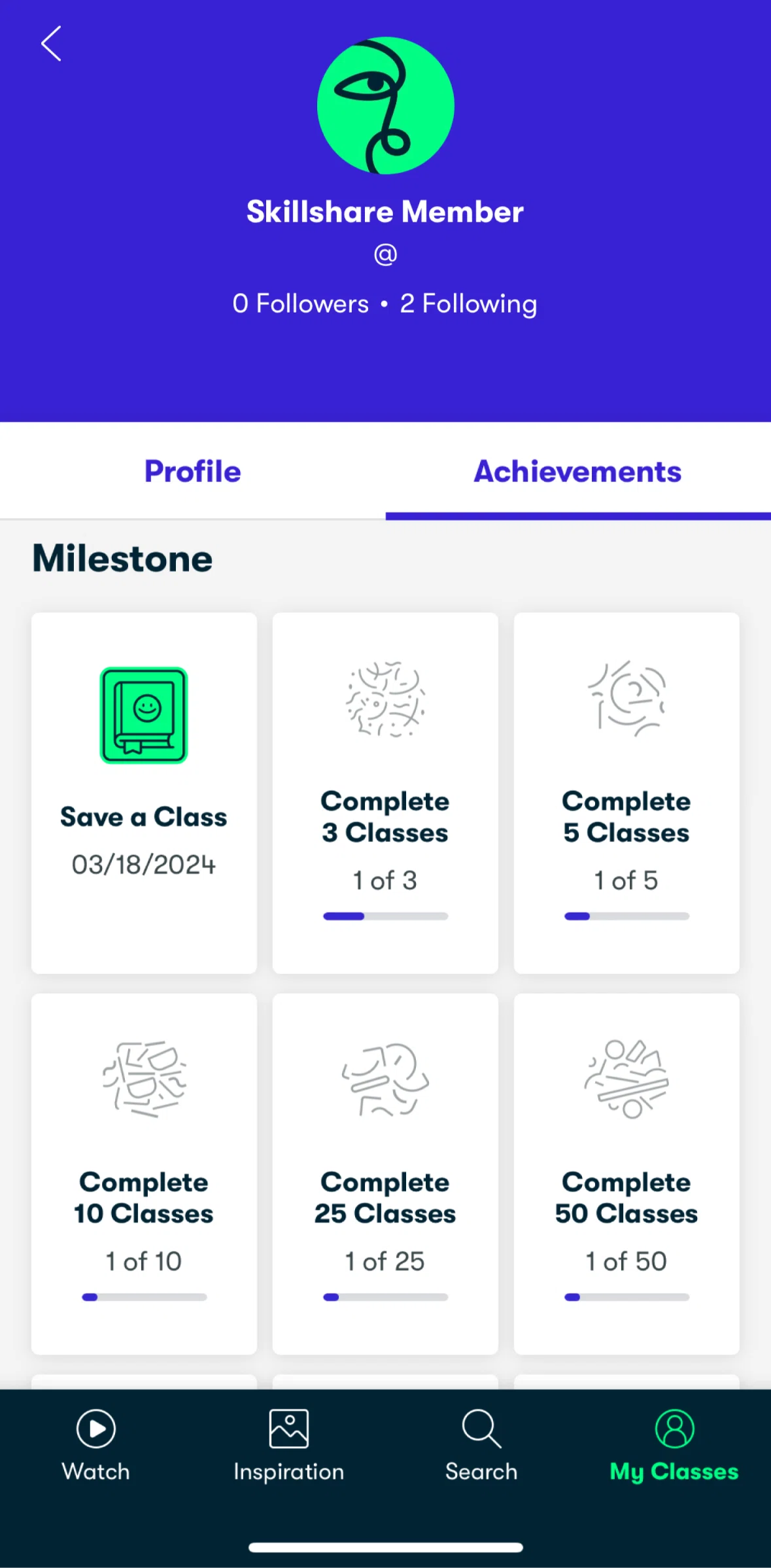 Skillshare Screen screen in the View milestones flow