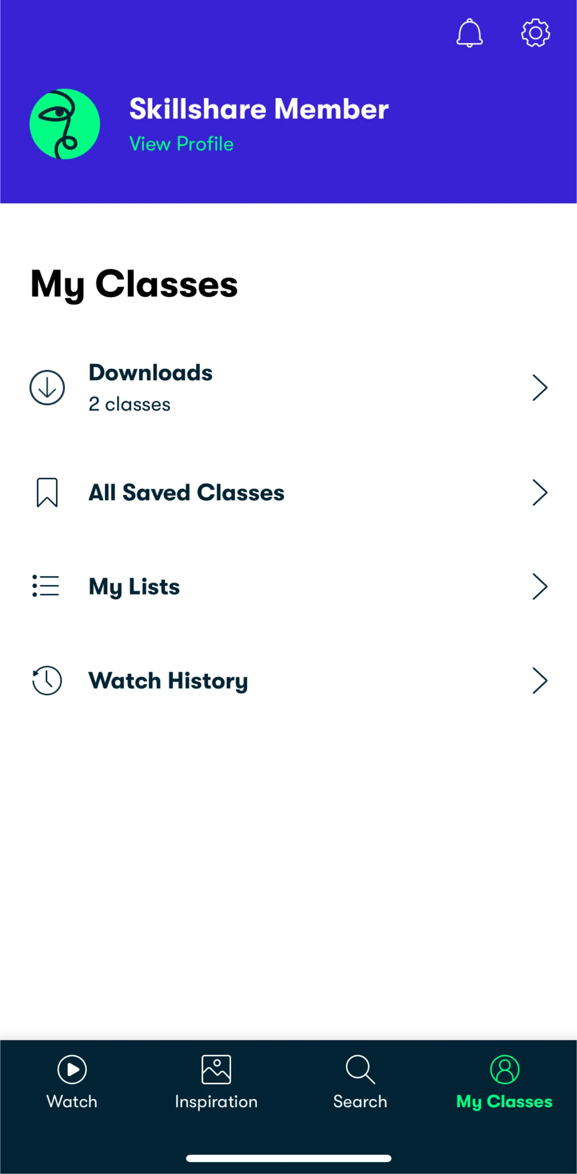 Skillshare Screen screen in the View saved classes flow