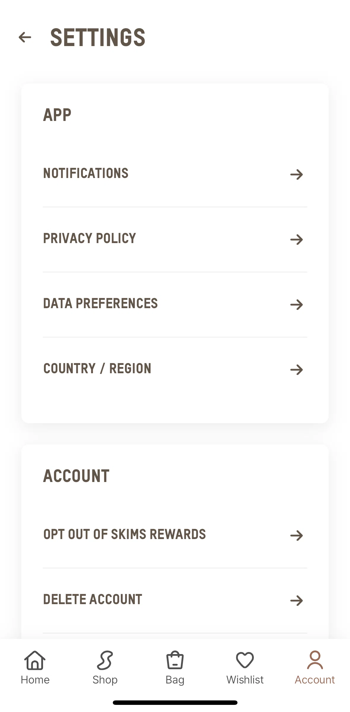 SKIMS Screen screen in the Deleting an account flow
