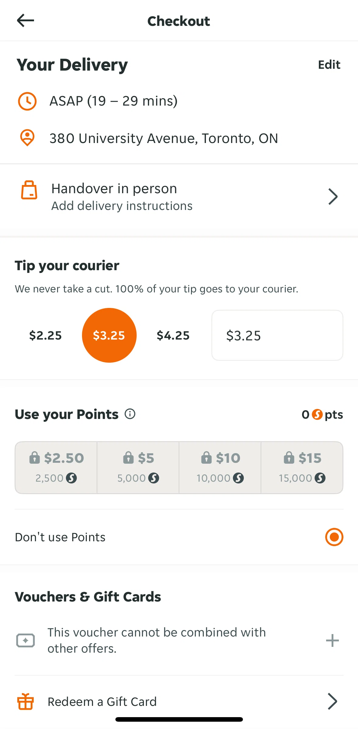 Skip Screen screen in the Adding delivery instructions flow
