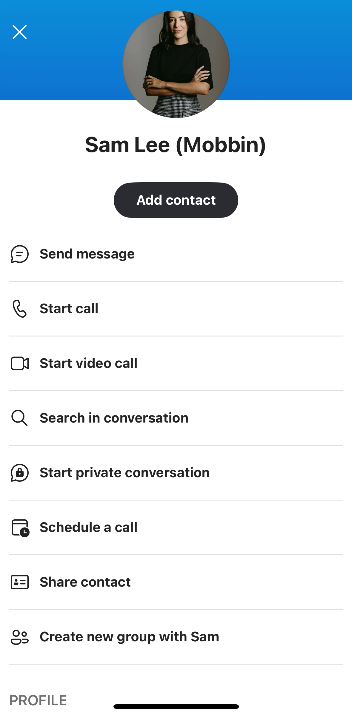 Skype Screen screen in the Adding a profile to contact flow