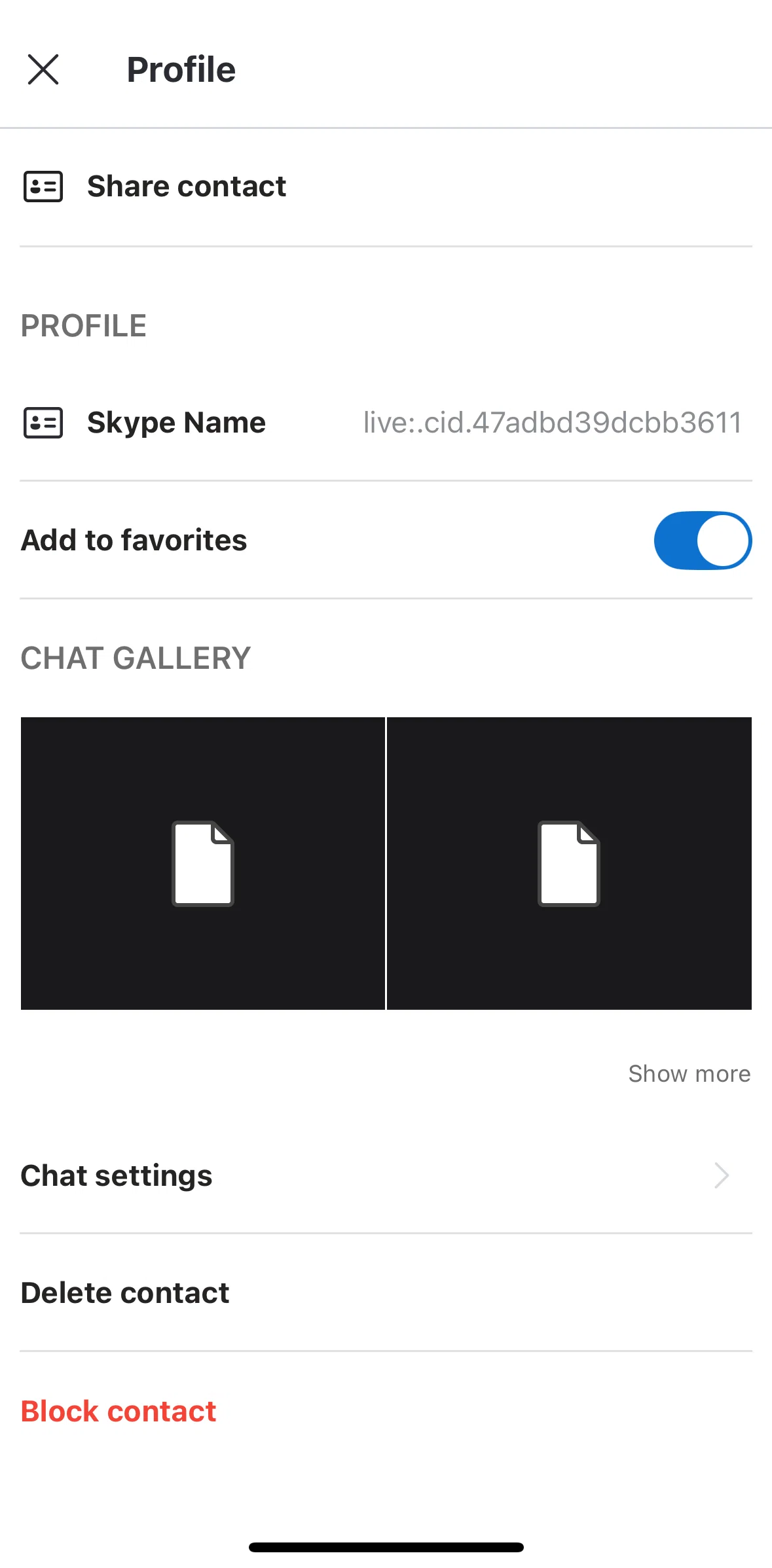 Skype Screen screen in the Chat settings flow