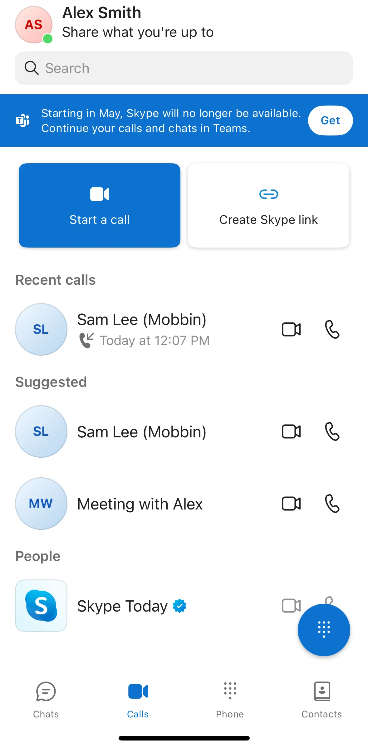Skype Screen screen in the Create Skype link flow
