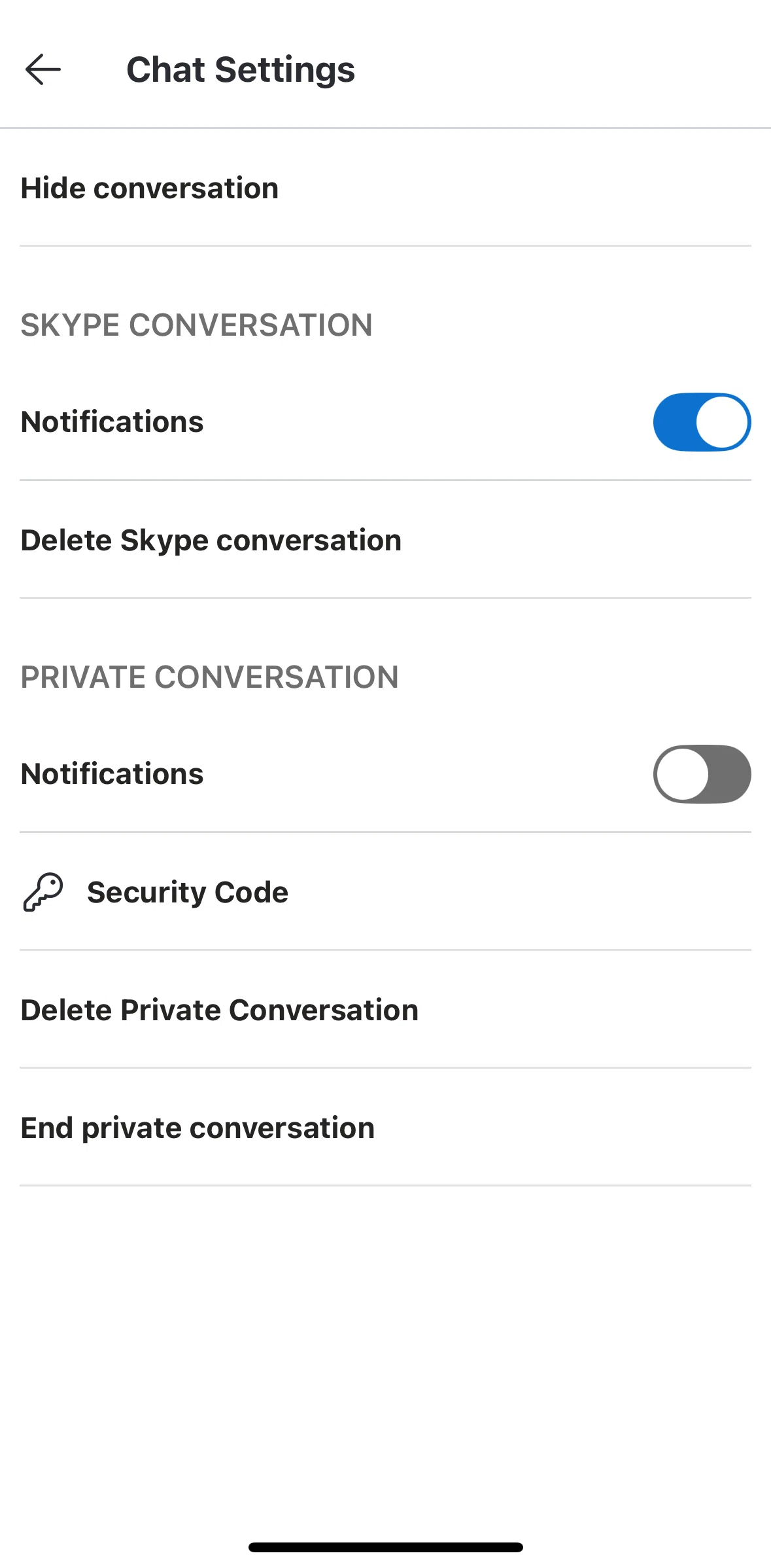Skype Screen screen in the Deleting private conversation flow