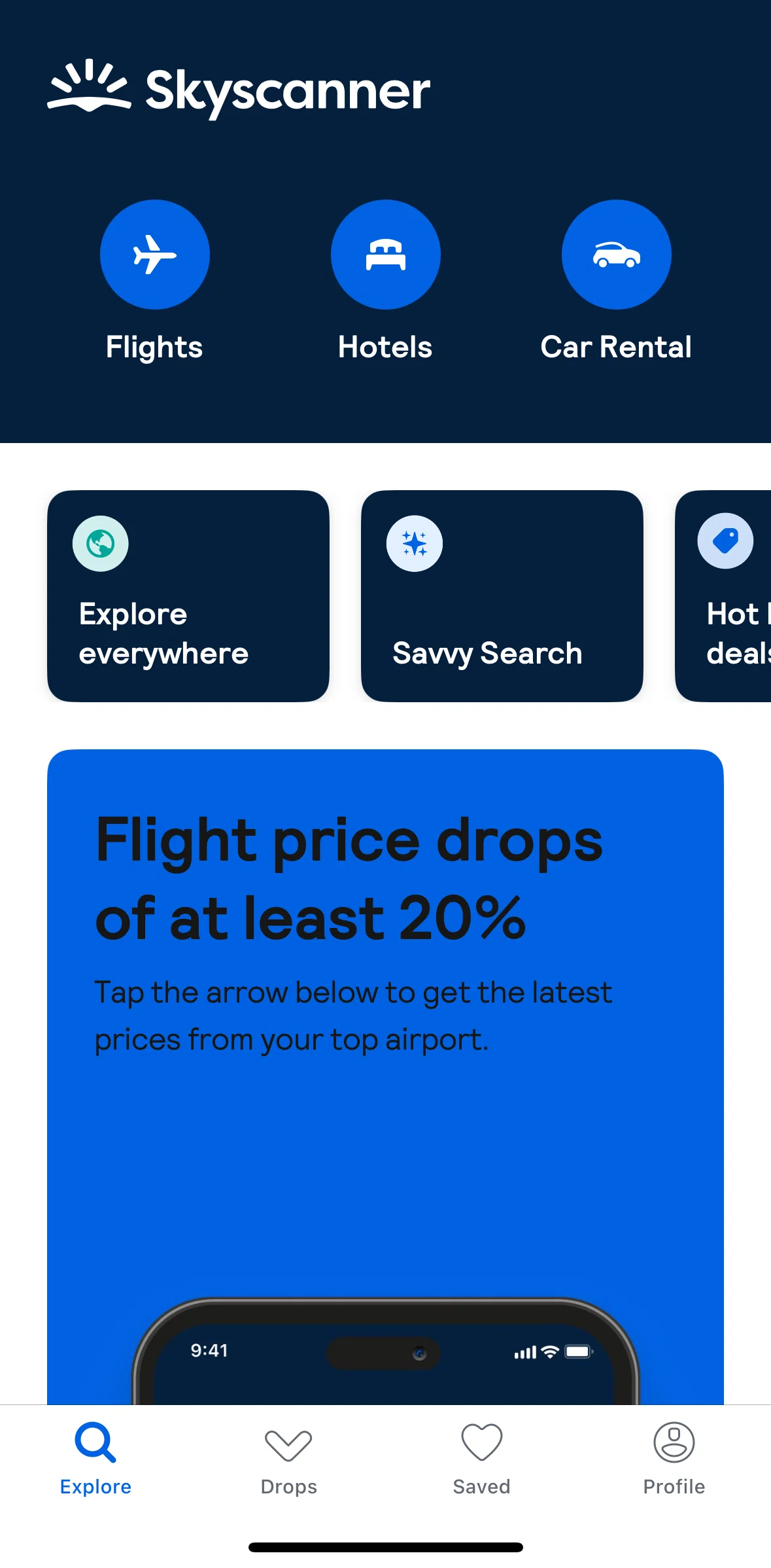 Skyscanner Screen screen in the Drops flow