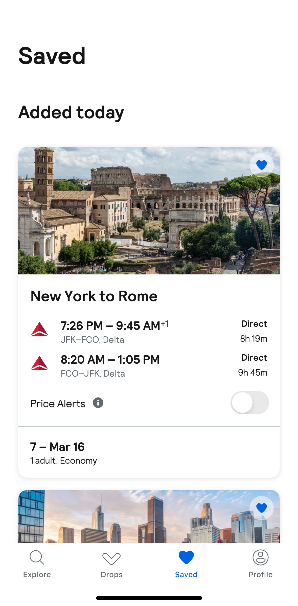 Skyscanner Screen screen in the Enabling price alerts flow