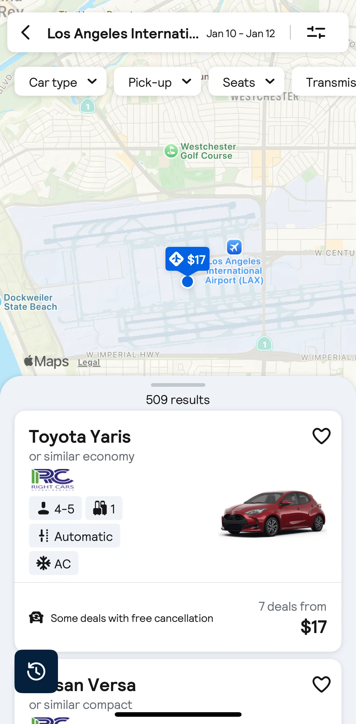 Skyscanner Screen screen in the Filtering car rentals flow
