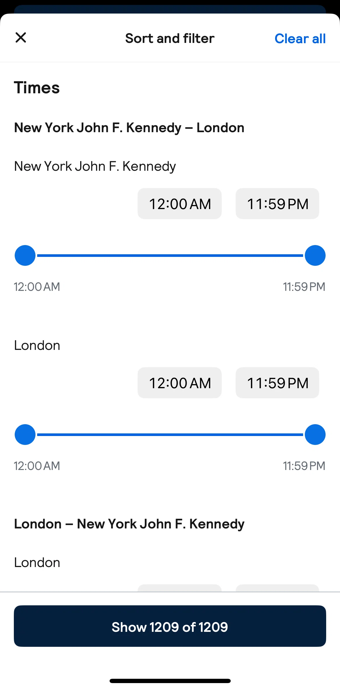 Skyscanner Screen screen in the Filtering flights by time flow