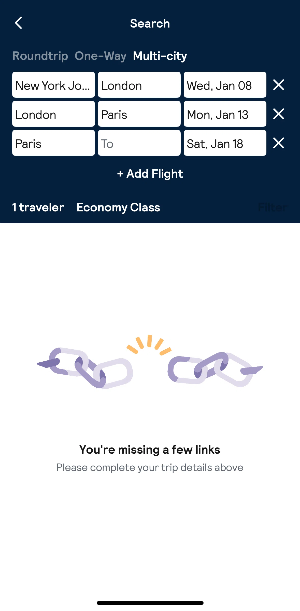 Skyscanner Screen screen in the Removing a flight flow