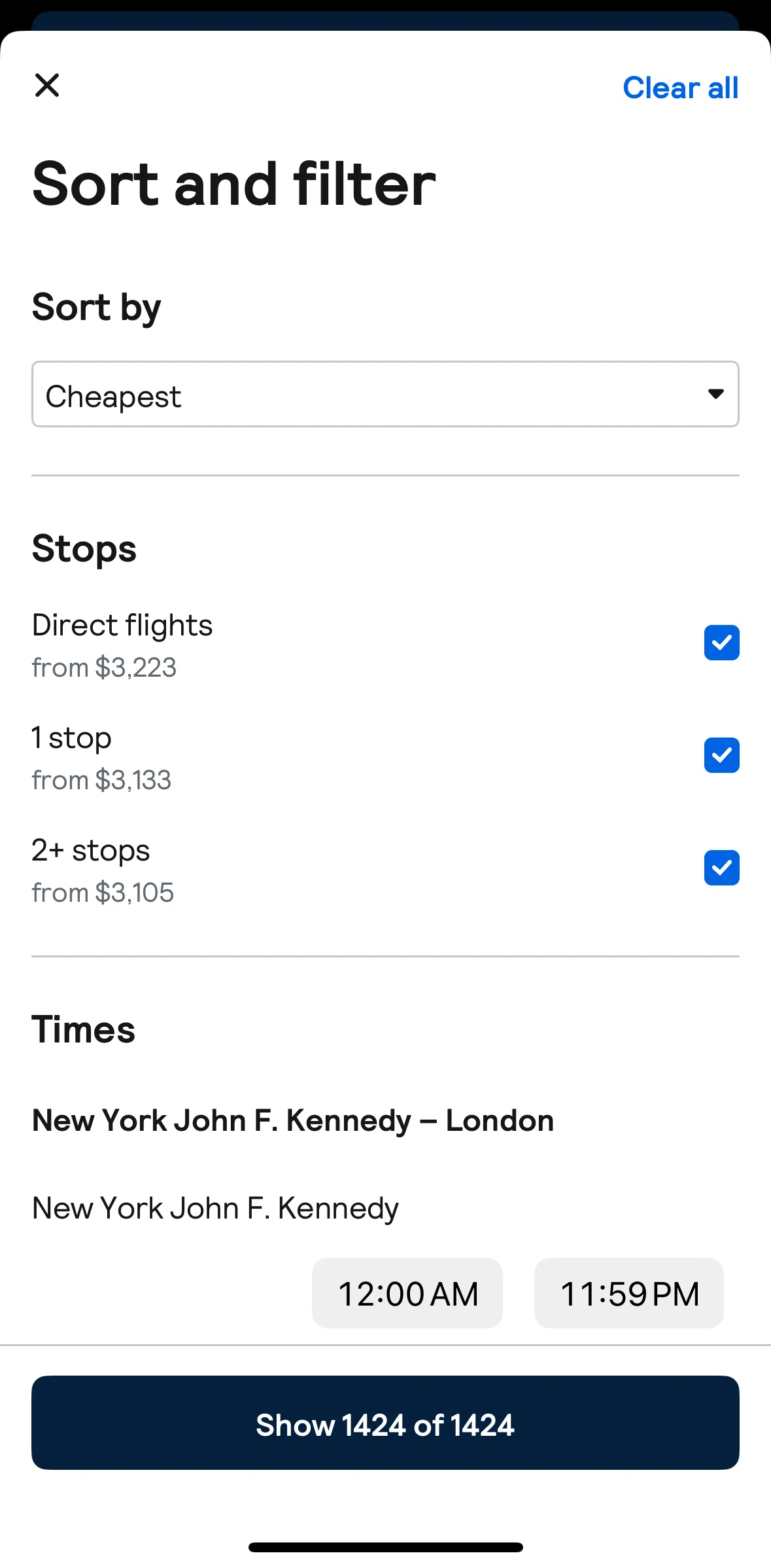 Skyscanner Screen screen in the Sorting flights flow