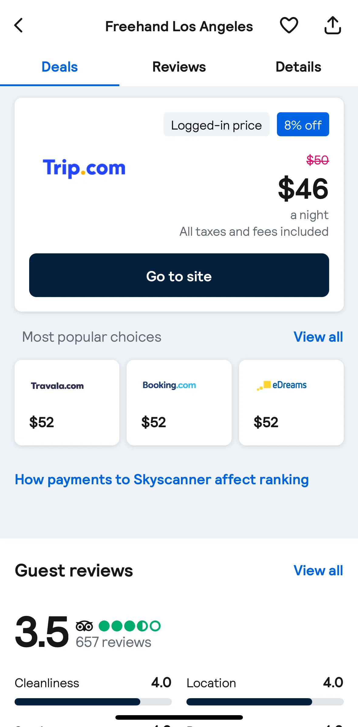 Skyscanner Screen screen in the View all hotel deals flow