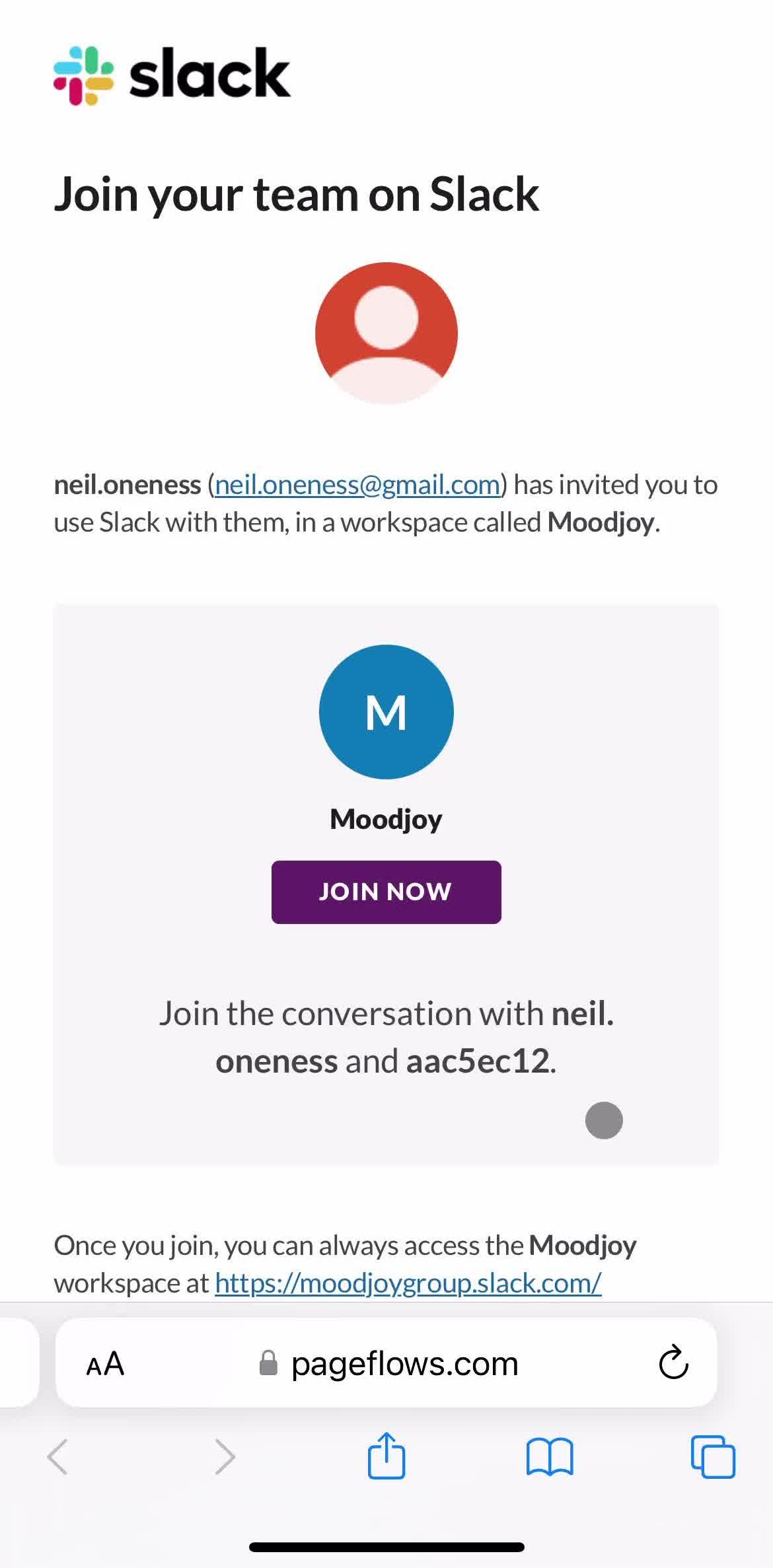Slack Invite email screen in the Accepting An Invite flow