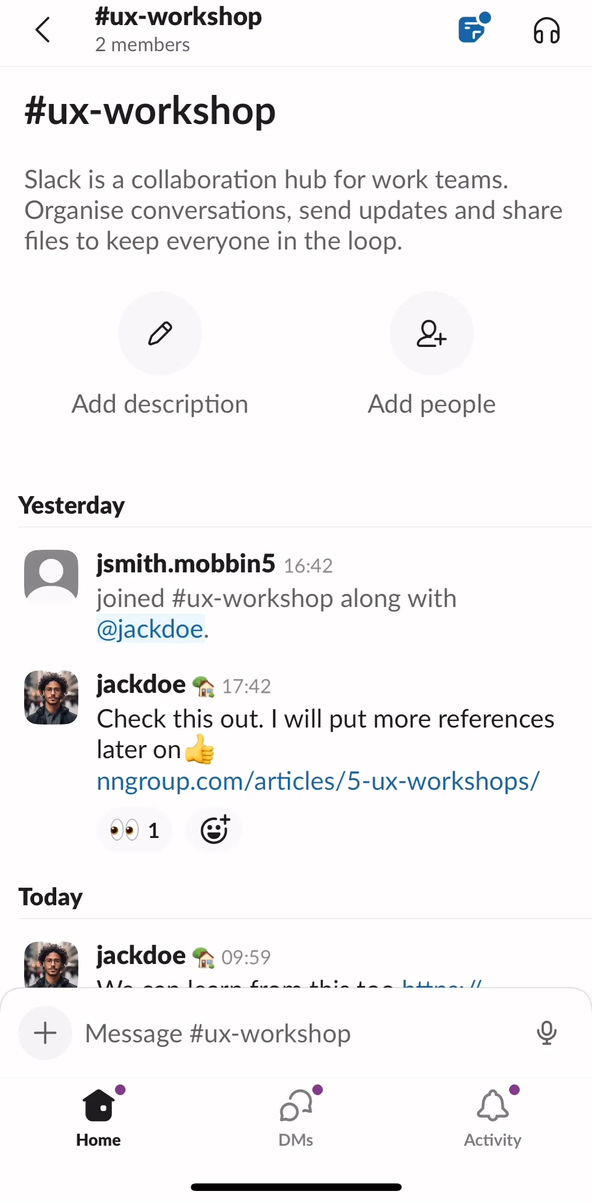 Slack Screen screen in the Adding channel description flow
