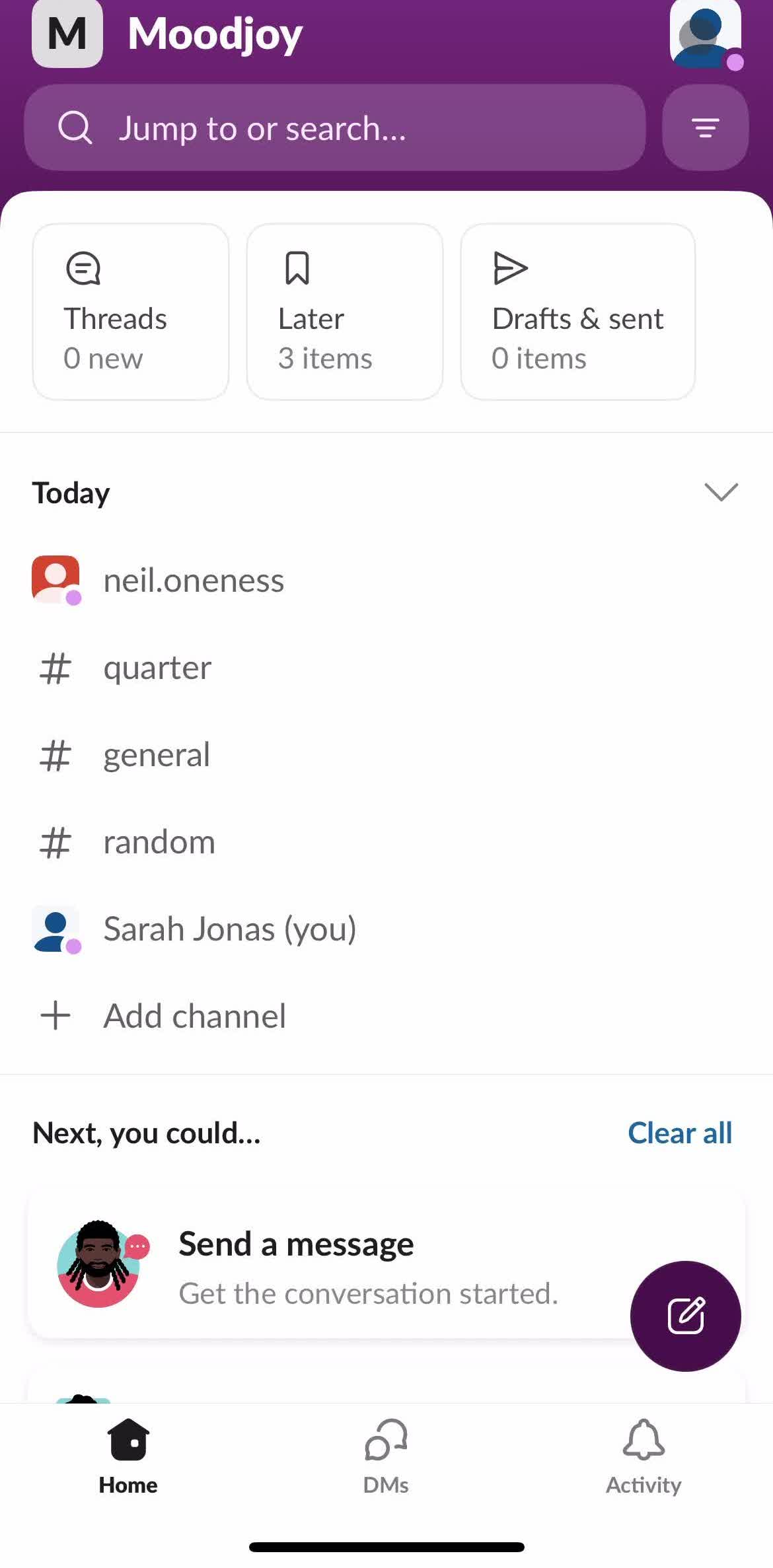 Slack Home screen in the Analytics Stats flow