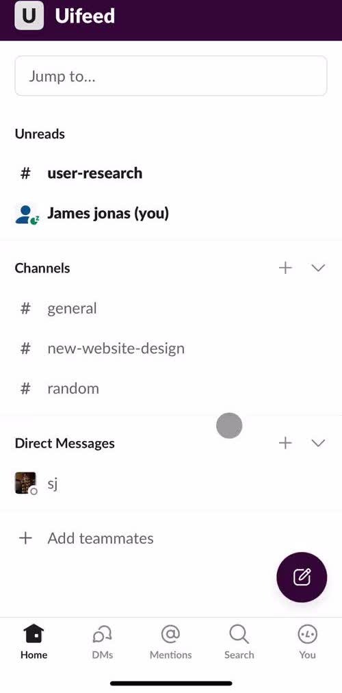 Slack Home screen in the Chat flow