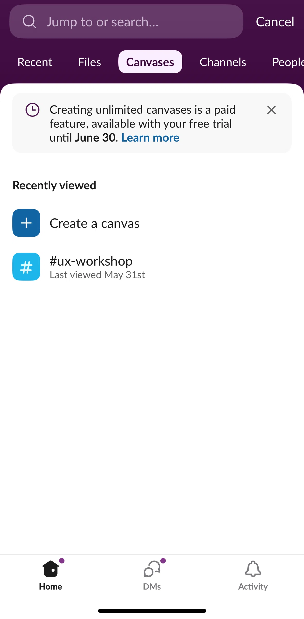 Slack Screen screen in the Creating a canvas flow